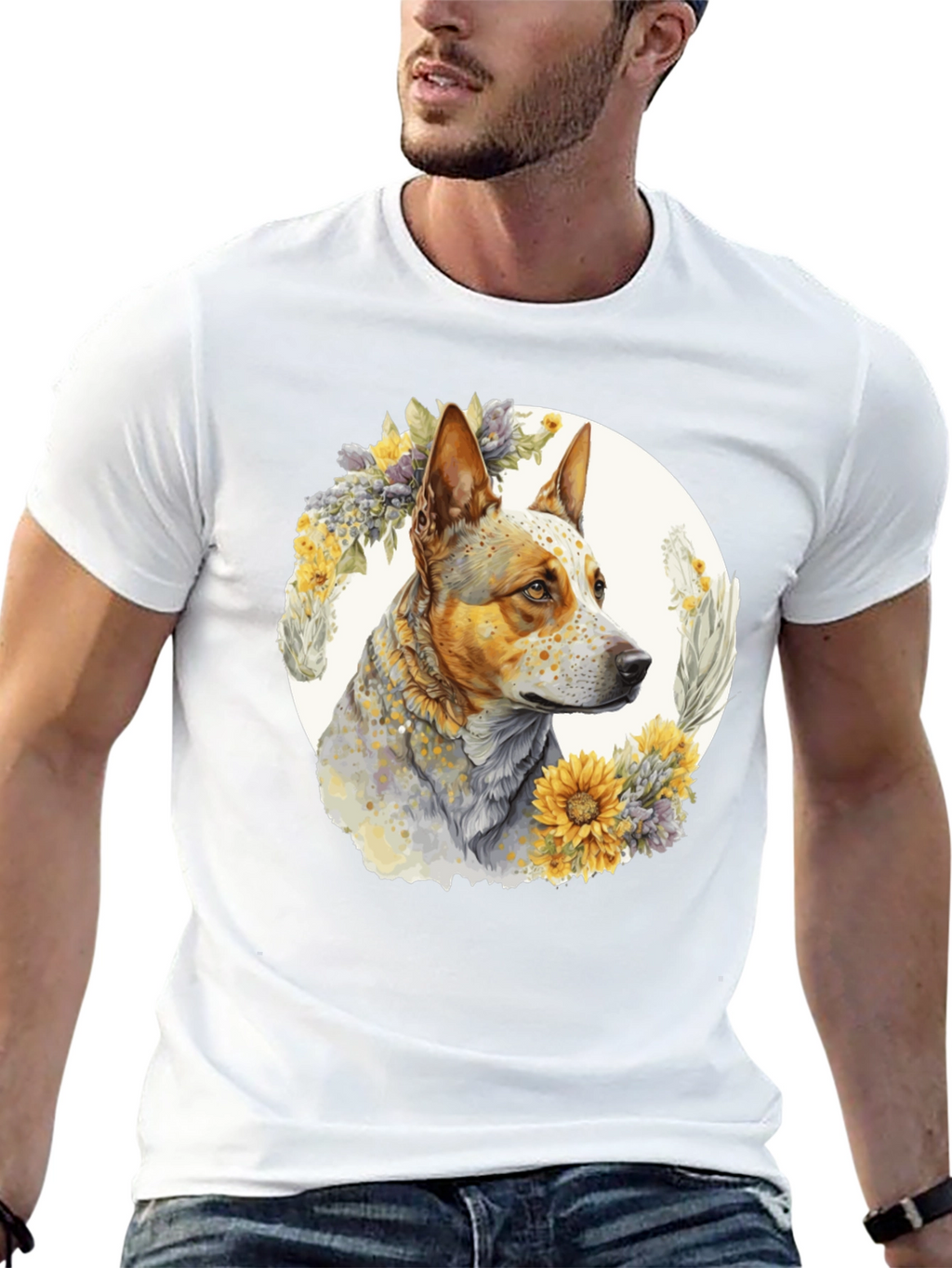 Dog with Floral Wreath Graphic Tee