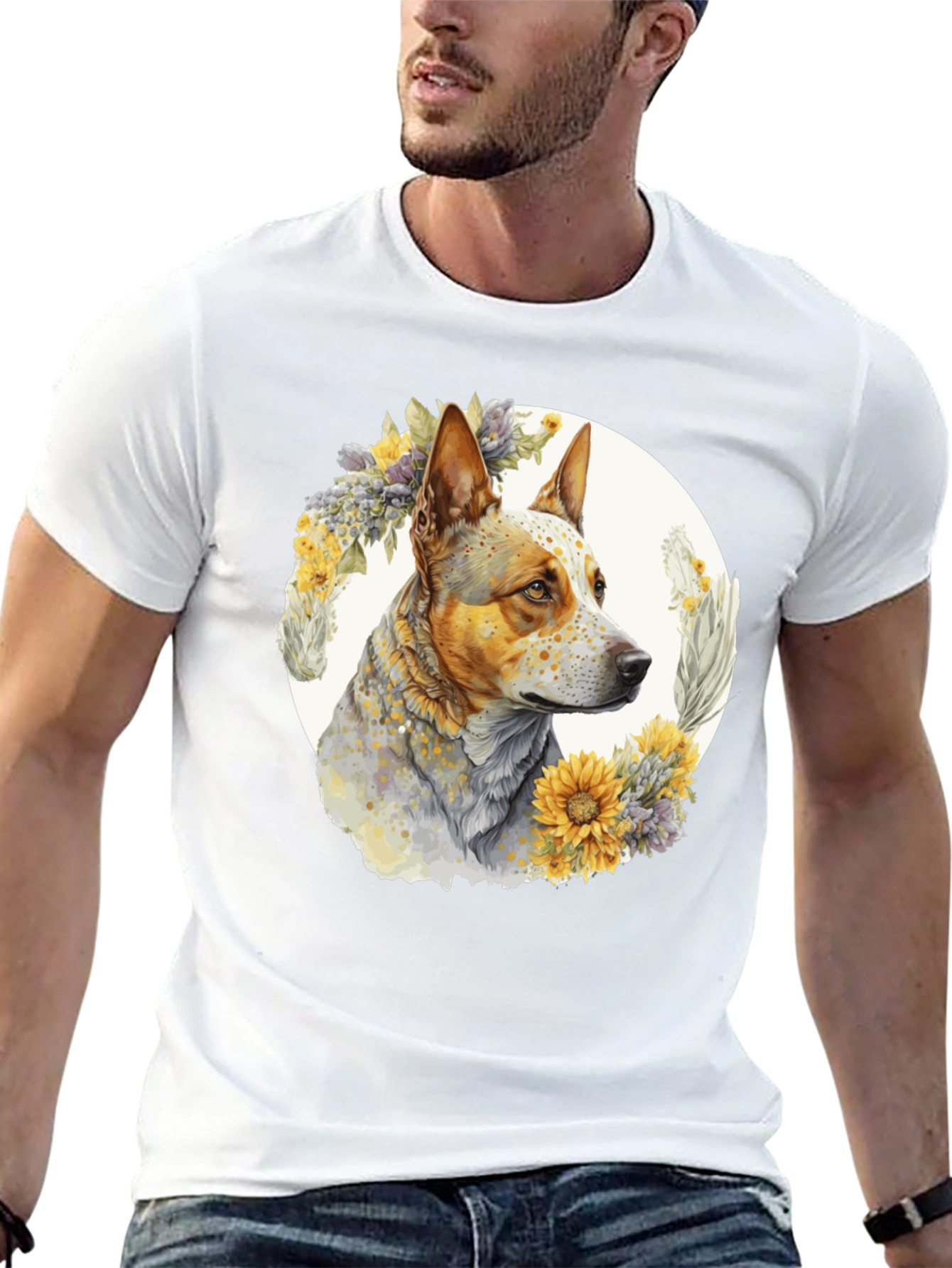 Dog with Floral Wreath Graphic Tee