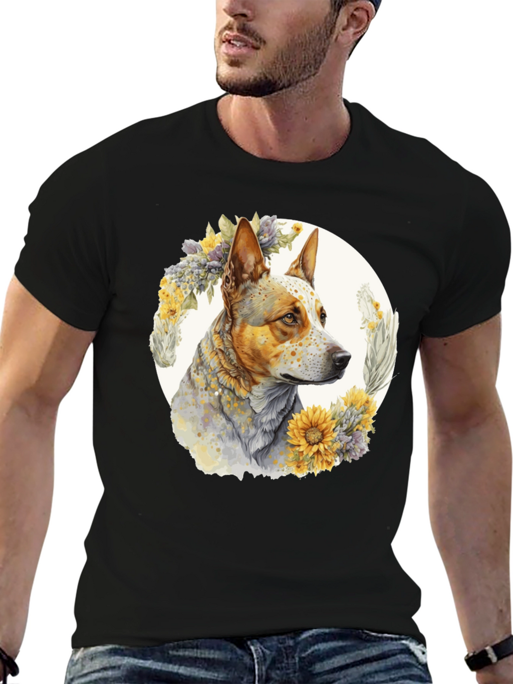 Dog with Floral Wreath Graphic Tee