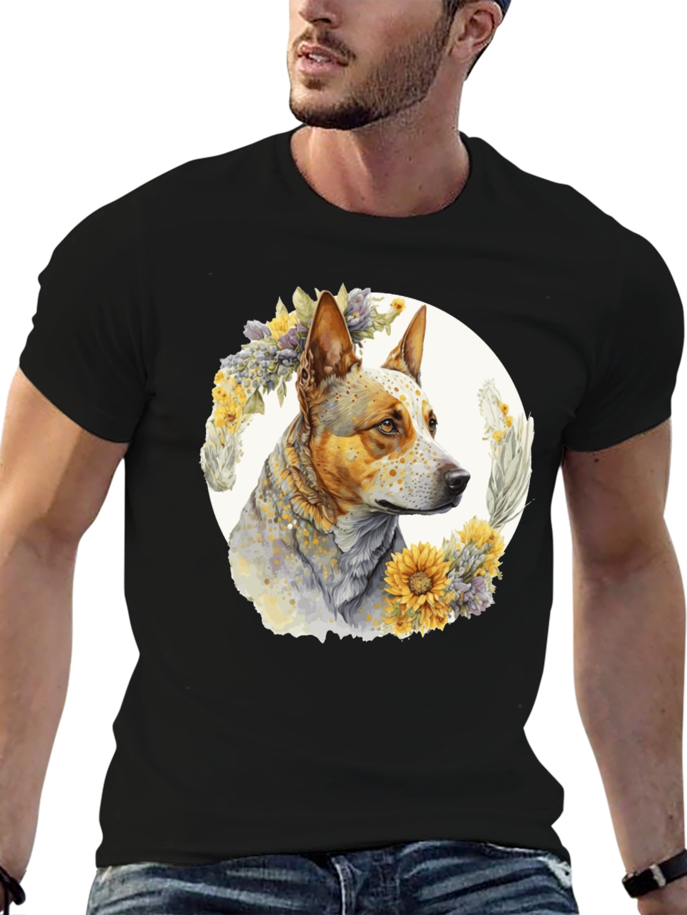 Dog with Floral Wreath Graphic Tee