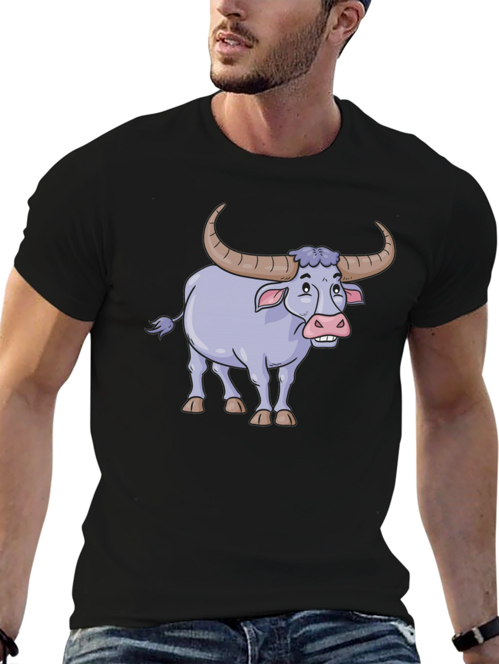 Funny Cartoon Buffalo Graphic Tee - Black