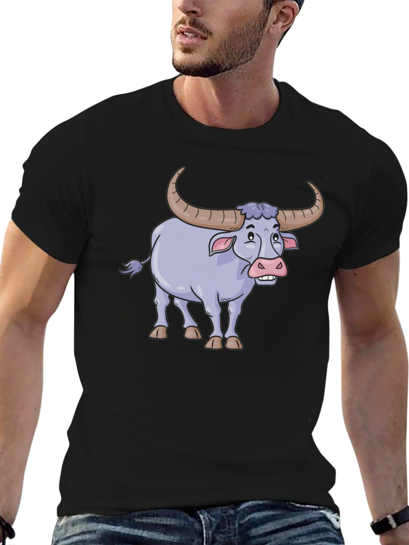 Funny Cartoon Buffalo Graphic Tee - Black