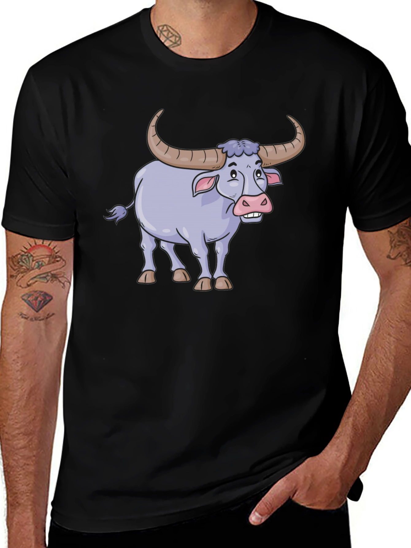 Funny Cartoon Buffalo Graphic Tee - Black