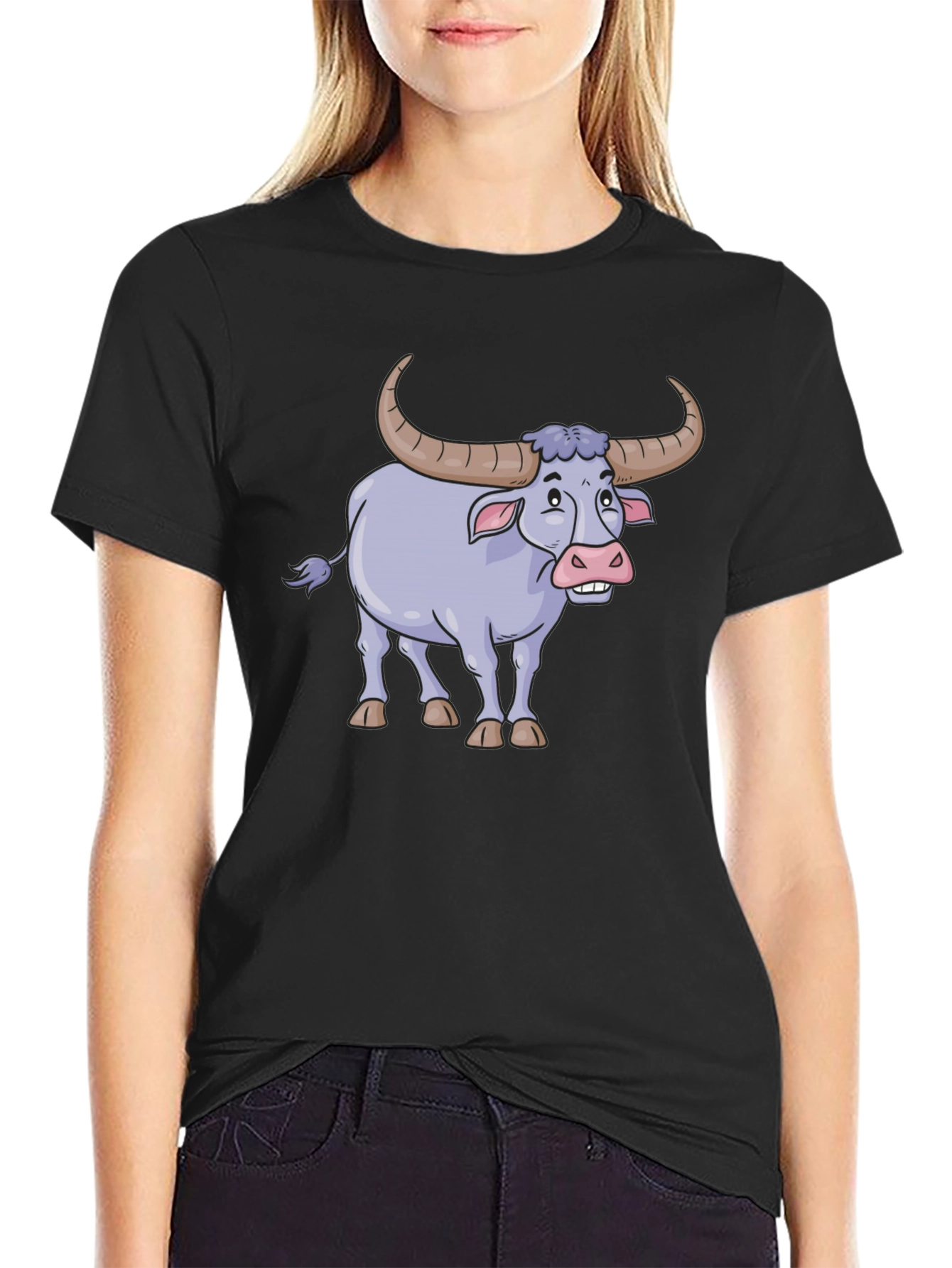 Funny Cartoon Buffalo Graphic Tee - Black