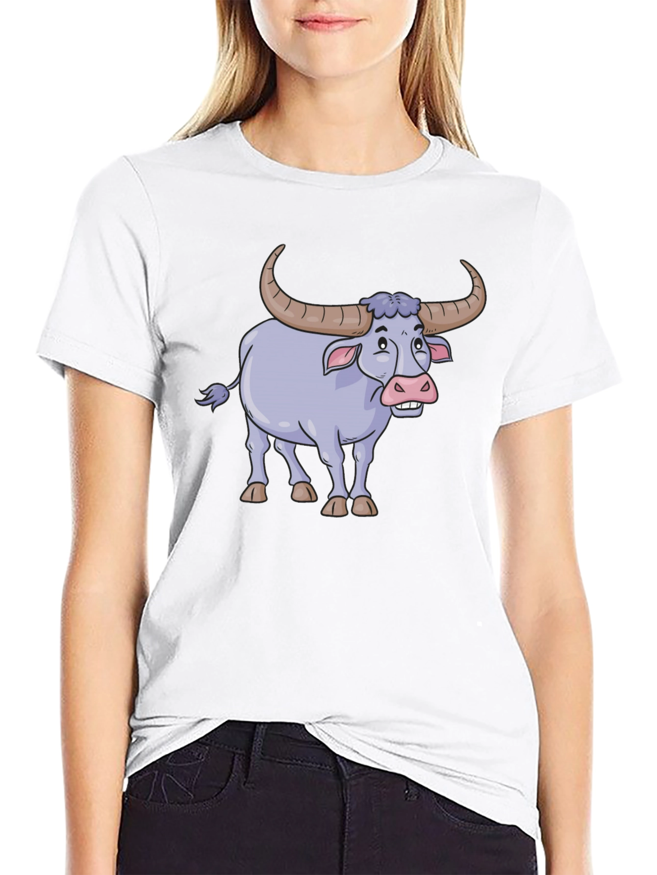 Funny Cartoon Buffalo Graphic Tee - Black