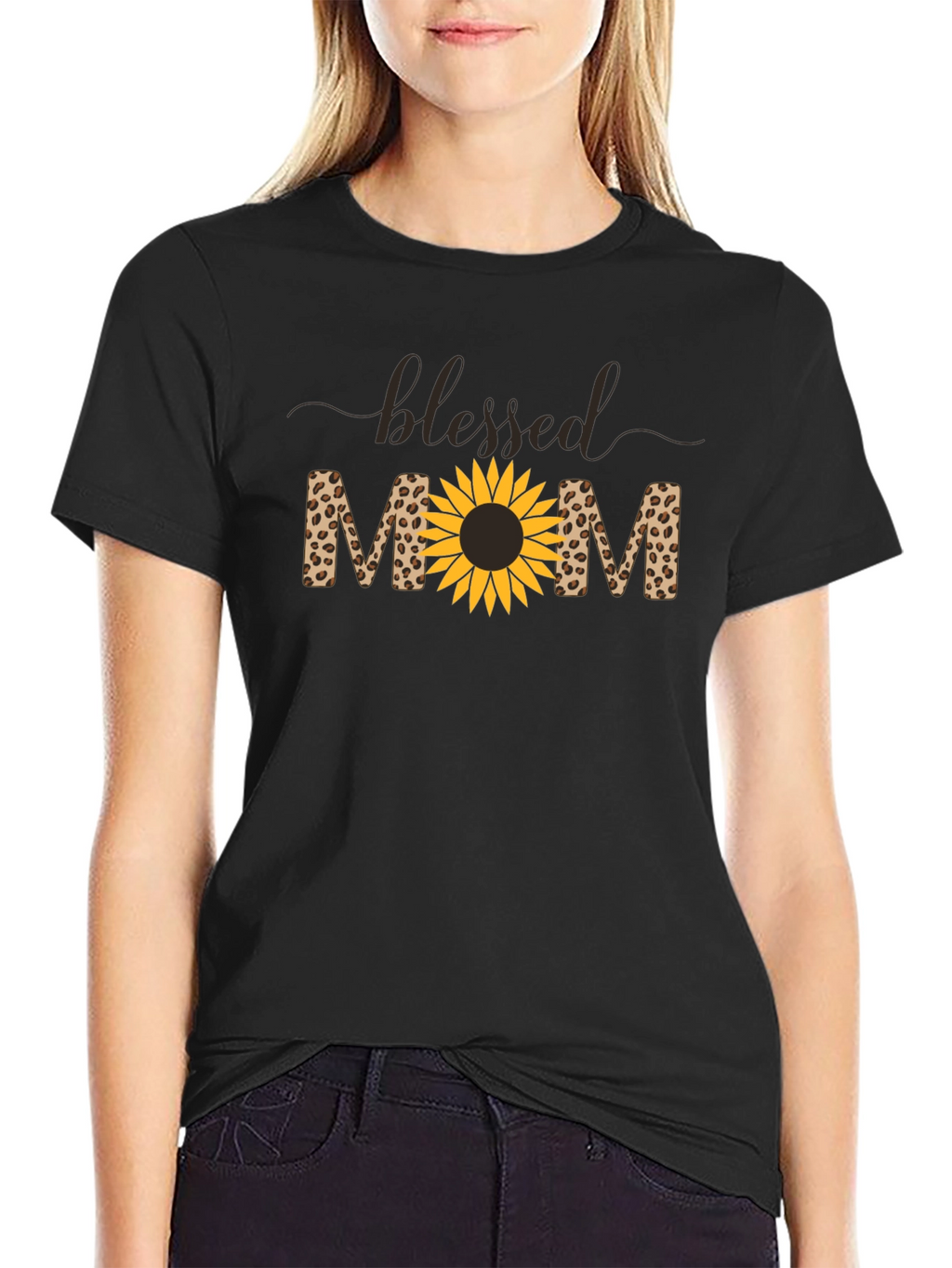 Blessed Mom Leopard Sunflower Graphic T-Shirt