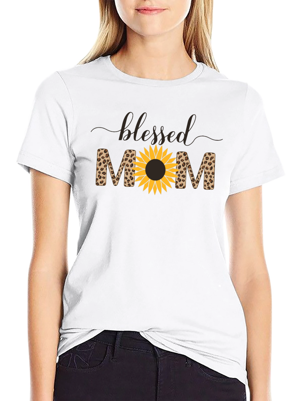 Blessed Mom Leopard Sunflower Graphic T-Shirt