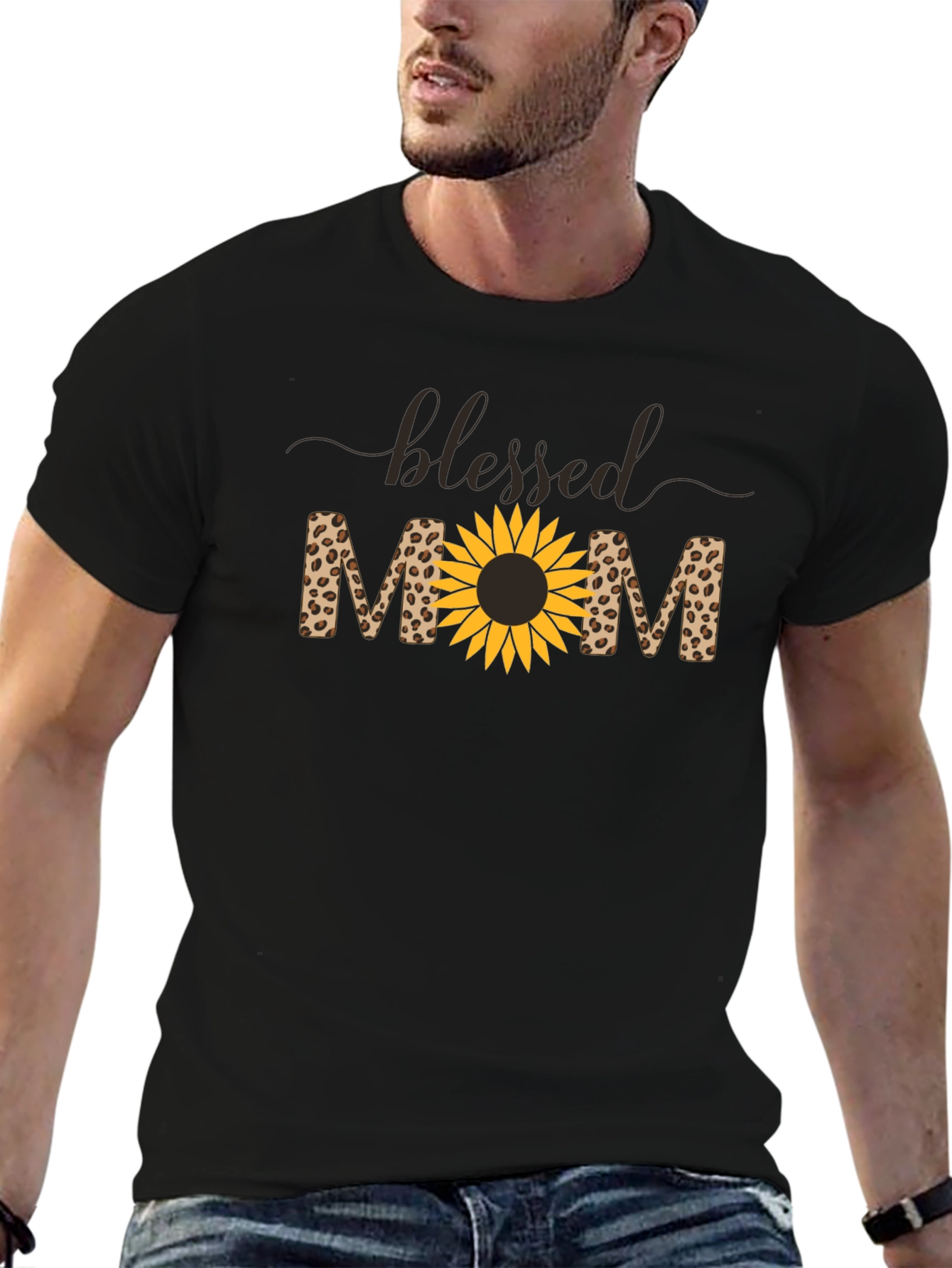 Blessed Mom Leopard Sunflower Graphic T-Shirt