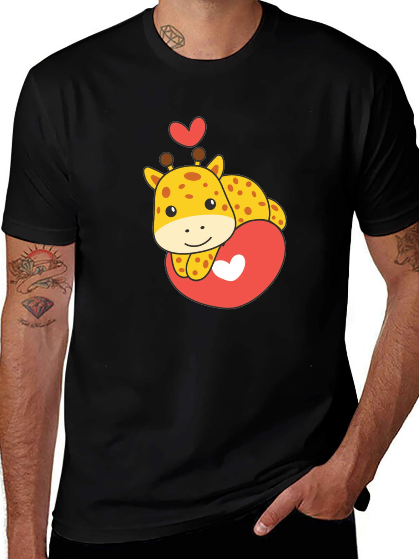 Cute Giraffe Heart Graphic Tee - Black T-Shirt