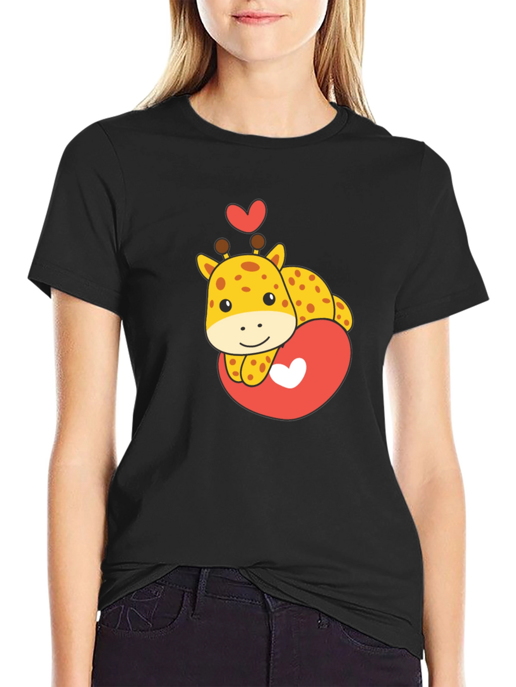 Cute Giraffe Heart Graphic Tee - Black T-Shirt