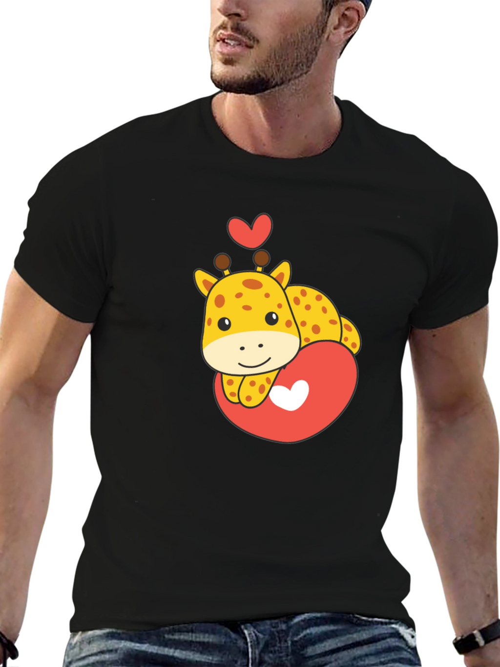 Cute Giraffe Heart Graphic Tee - Black T-Shirt