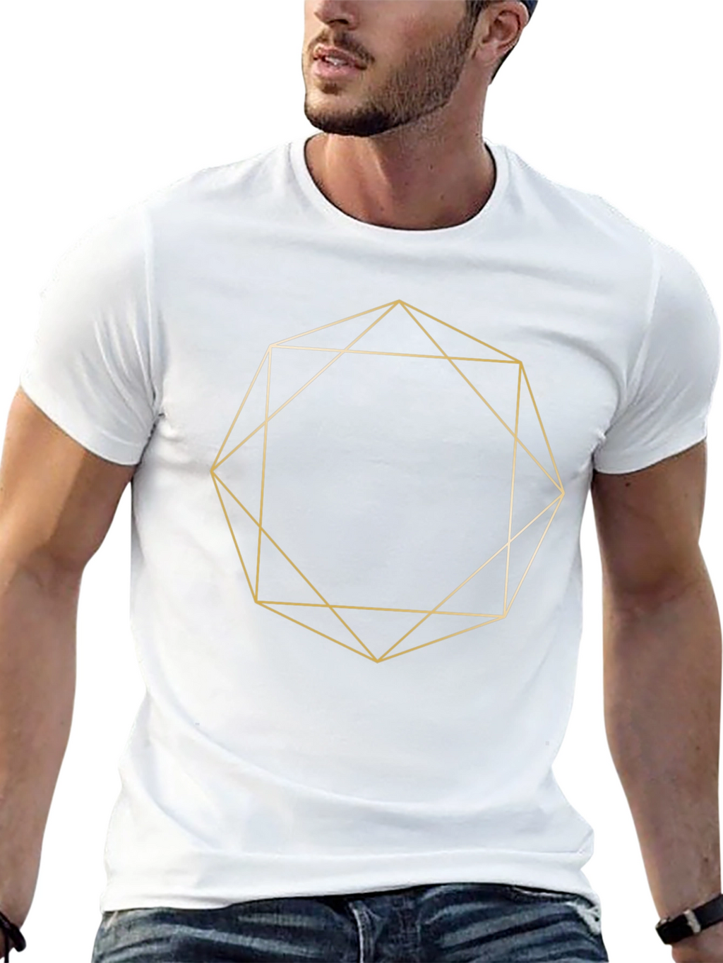 Geometric Gold Line Art Black T-Shirt