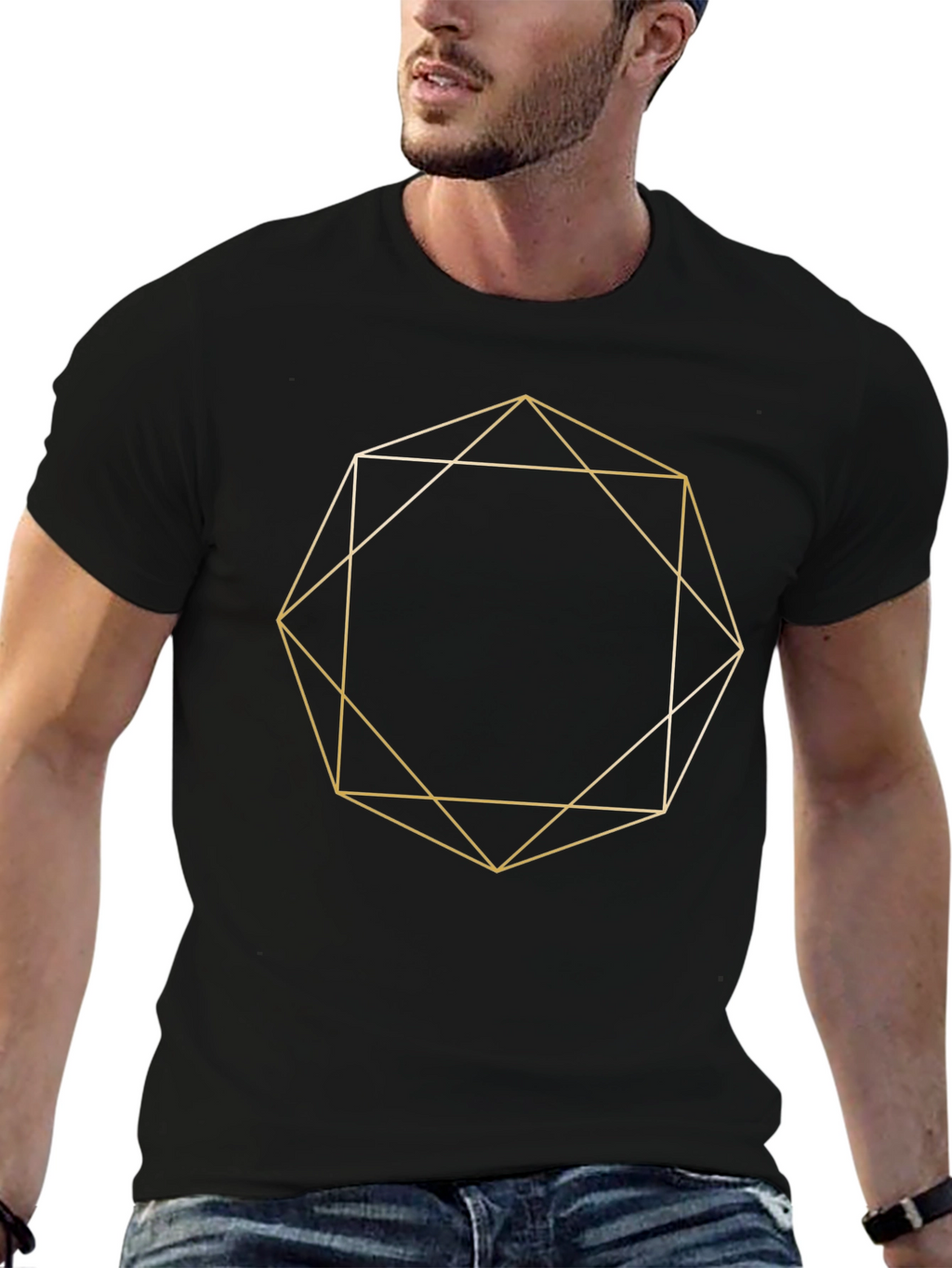 Geometric Gold Line Art Black T-Shirt