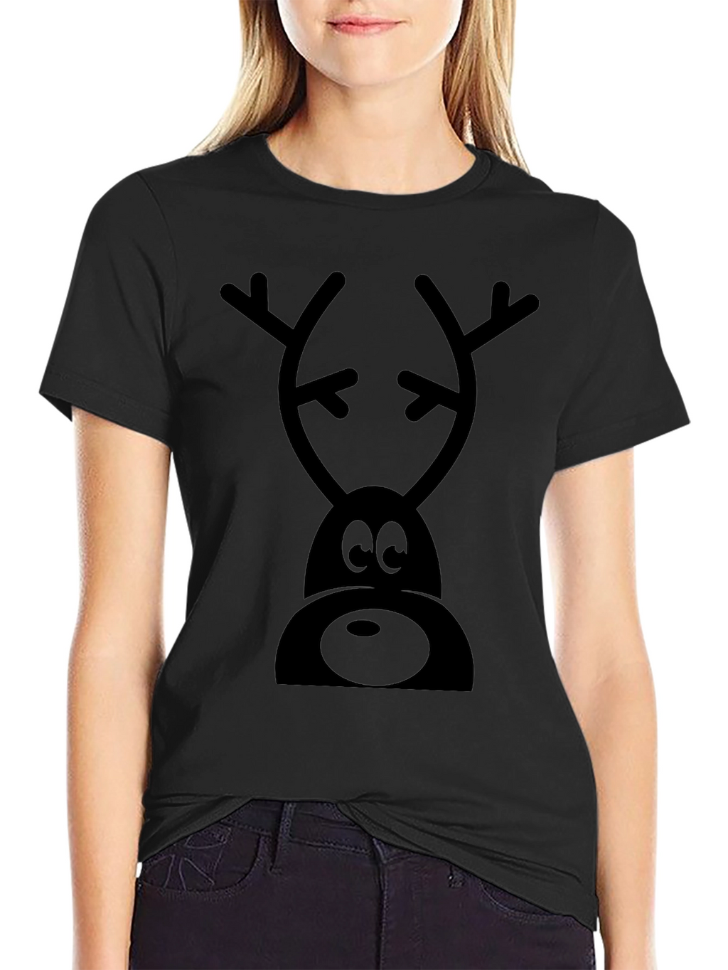 Cartoon Reindeer Graphic Tee - Black Cotton