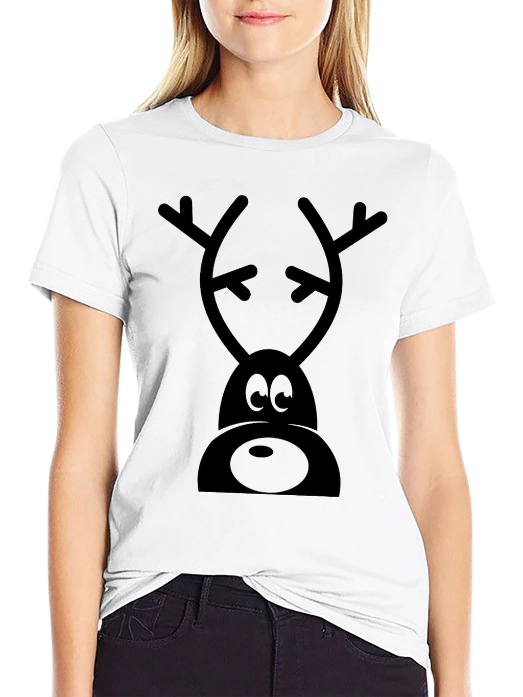 Cartoon Reindeer Graphic Tee - Black Cotton