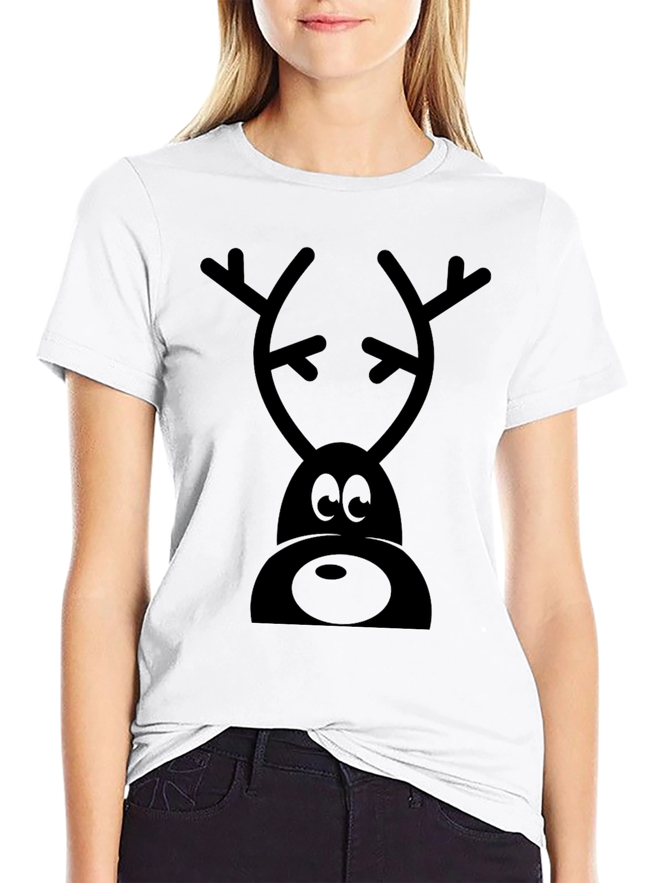 Cartoon Reindeer Graphic Tee - Black Cotton