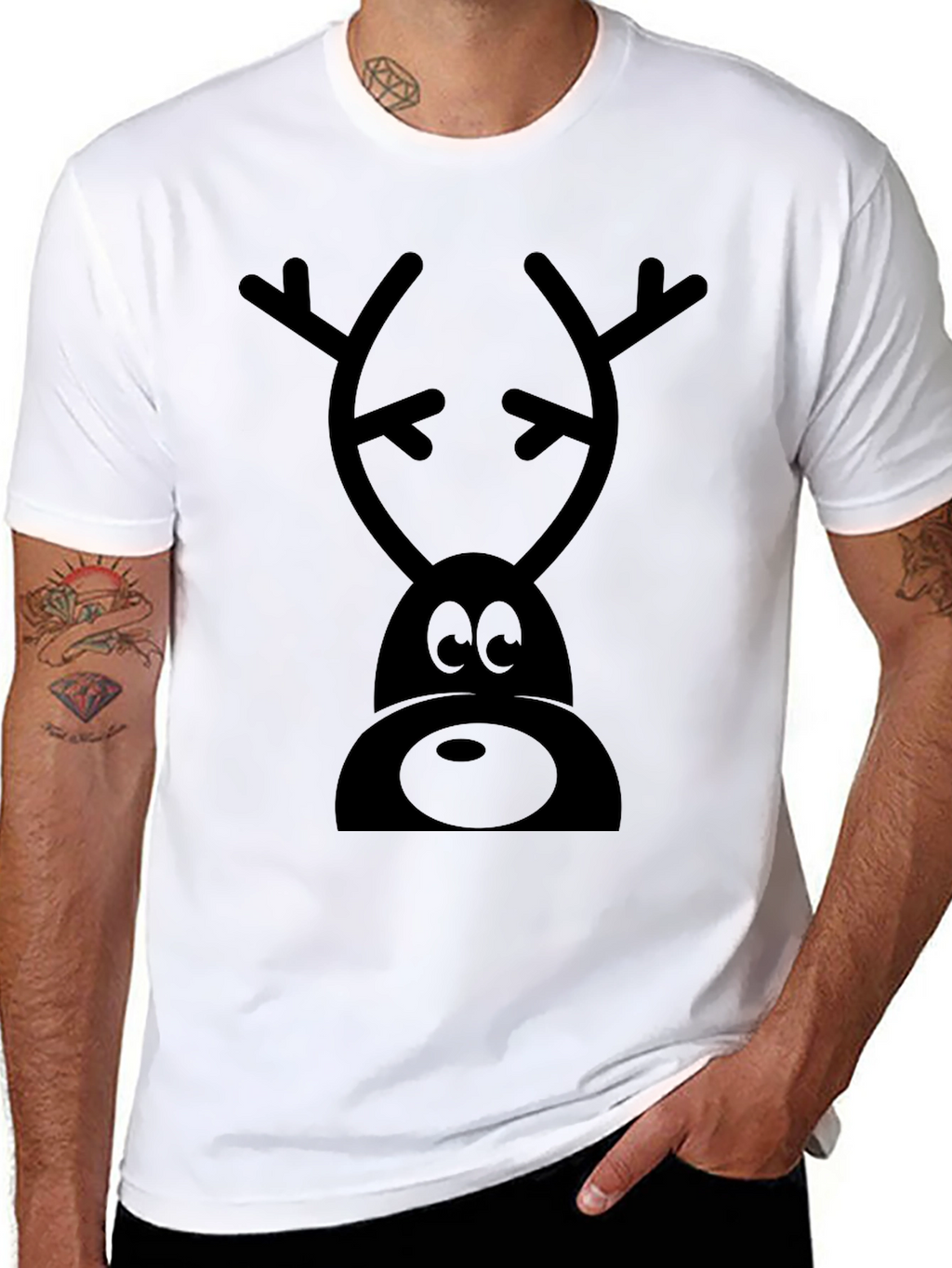 Cartoon Reindeer Graphic Tee - Black Cotton