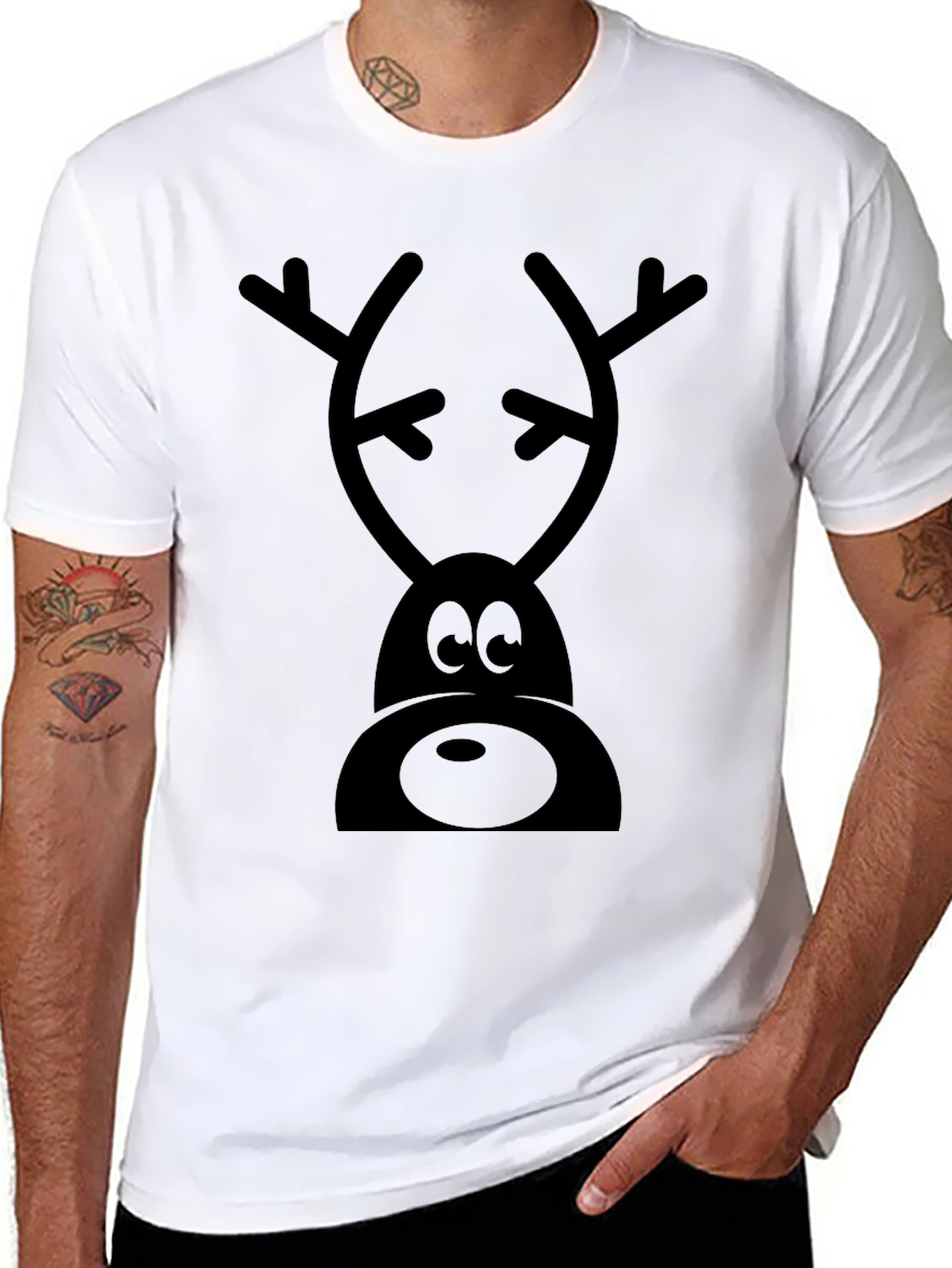 Cartoon Reindeer Graphic Tee - Black Cotton