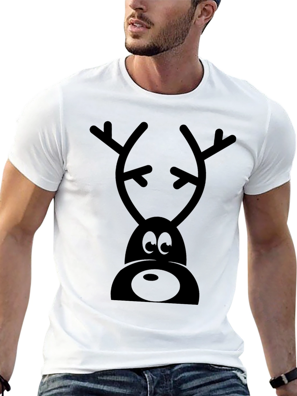 Cartoon Reindeer Graphic Tee - Black Cotton