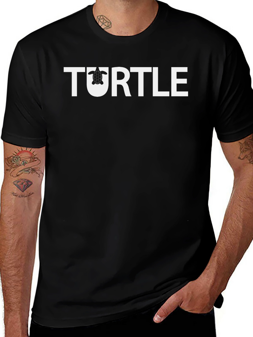 Turtle Graphic T-Shirt -  Black Crew Neck Casual