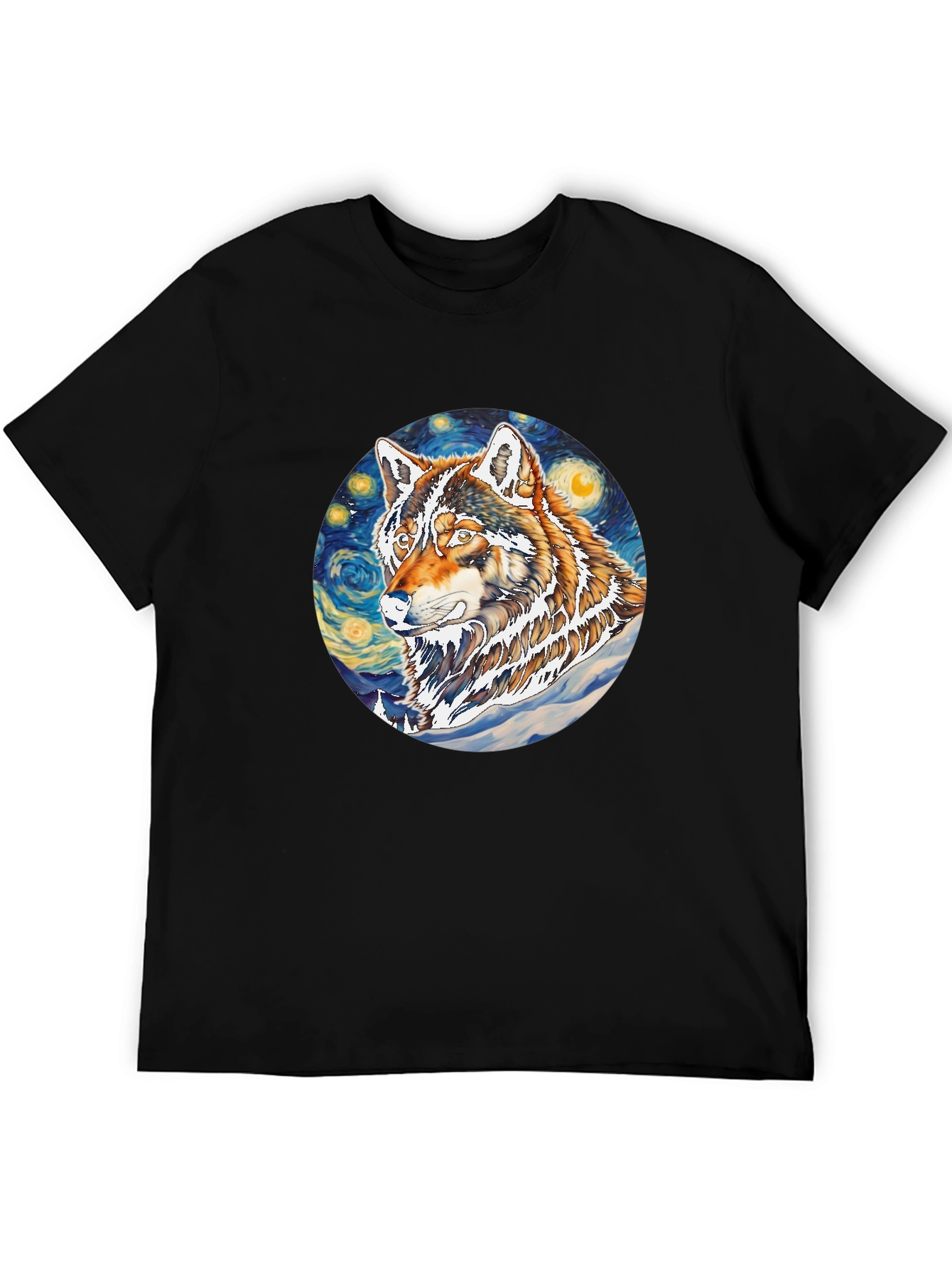 Wolf Starry Night Graphic Tee - Artistic Black T-Shirt