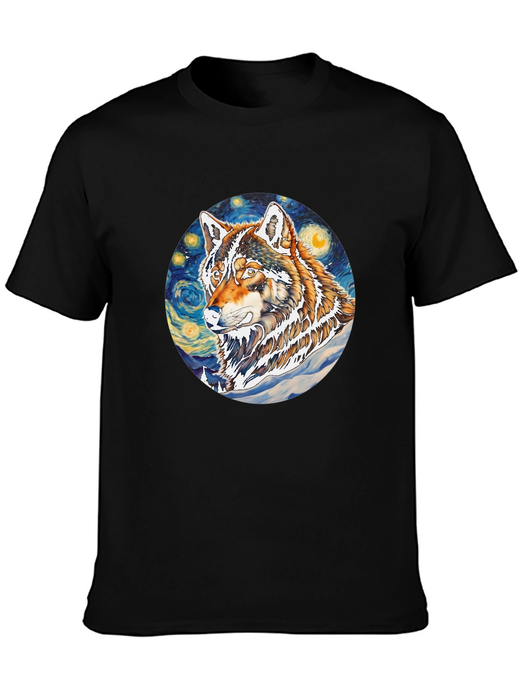 Wolf Starry Night Graphic Tee - Artistic Black T-Shirt