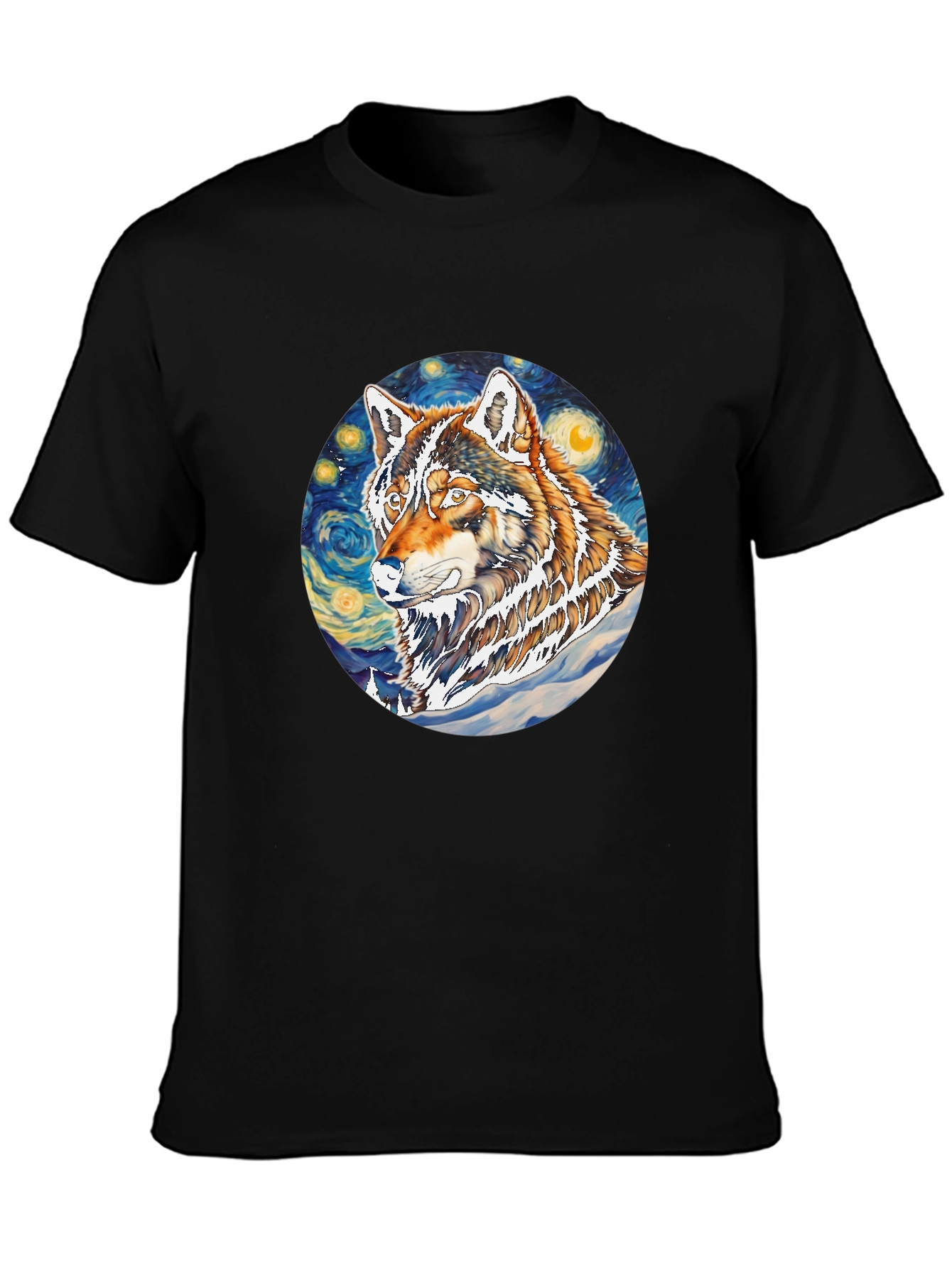 Wolf Starry Night Graphic Tee - Artistic Black T-Shirt