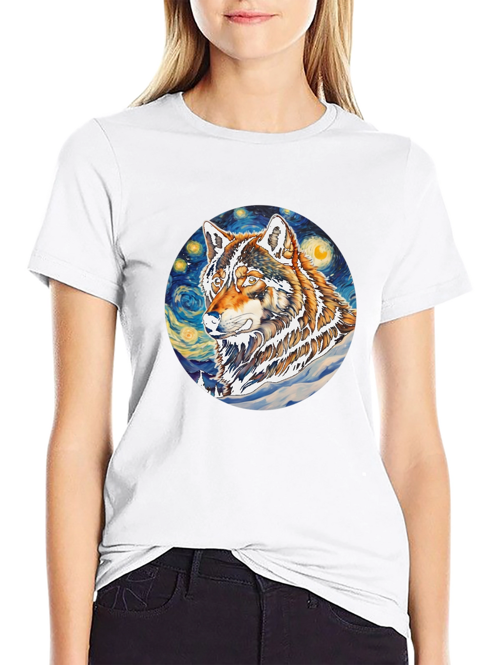 Wolf Starry Night Graphic Tee - Artistic Black T-Shirt