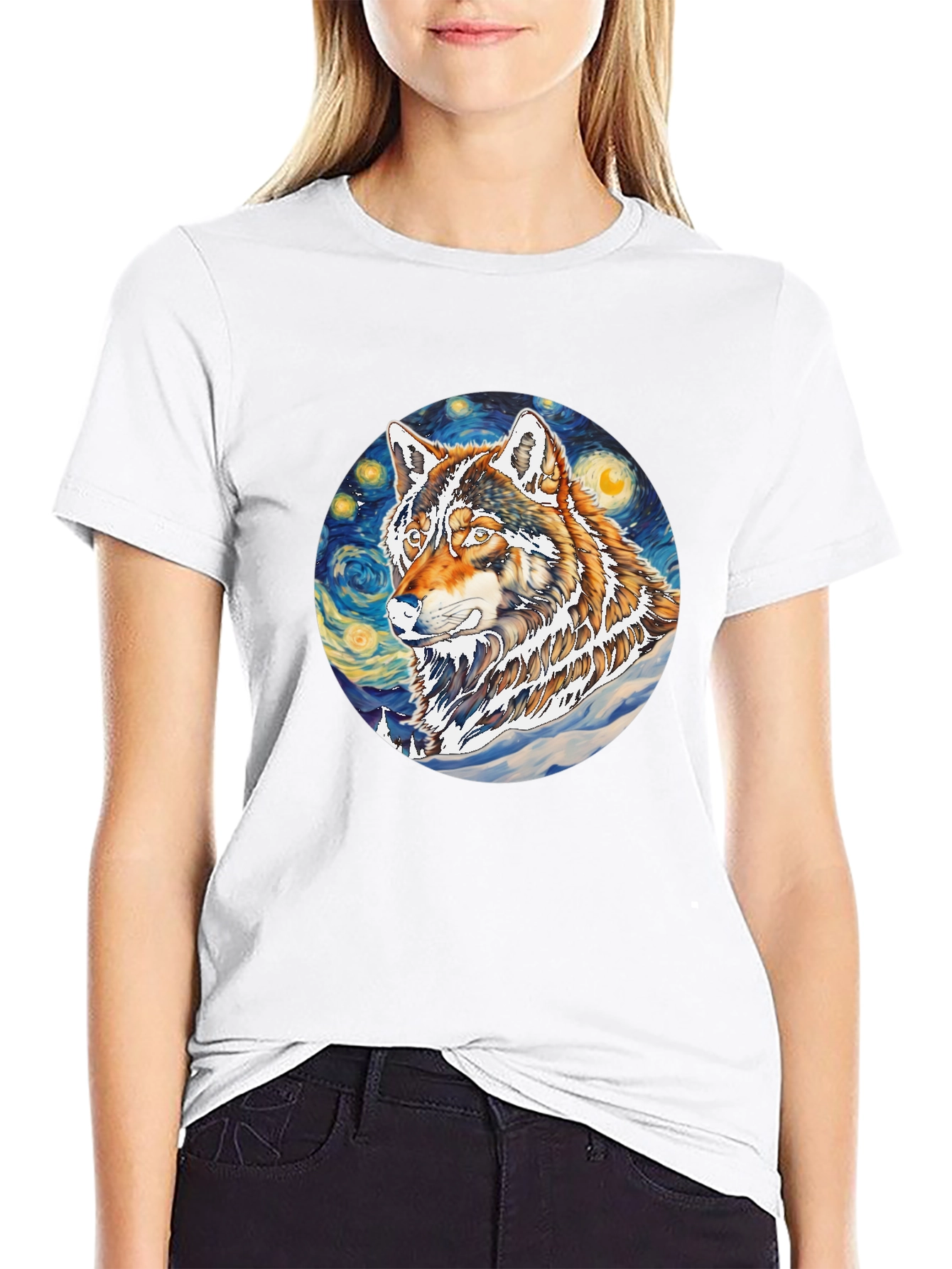 Wolf Starry Night Graphic Tee - Artistic Black T-Shirt