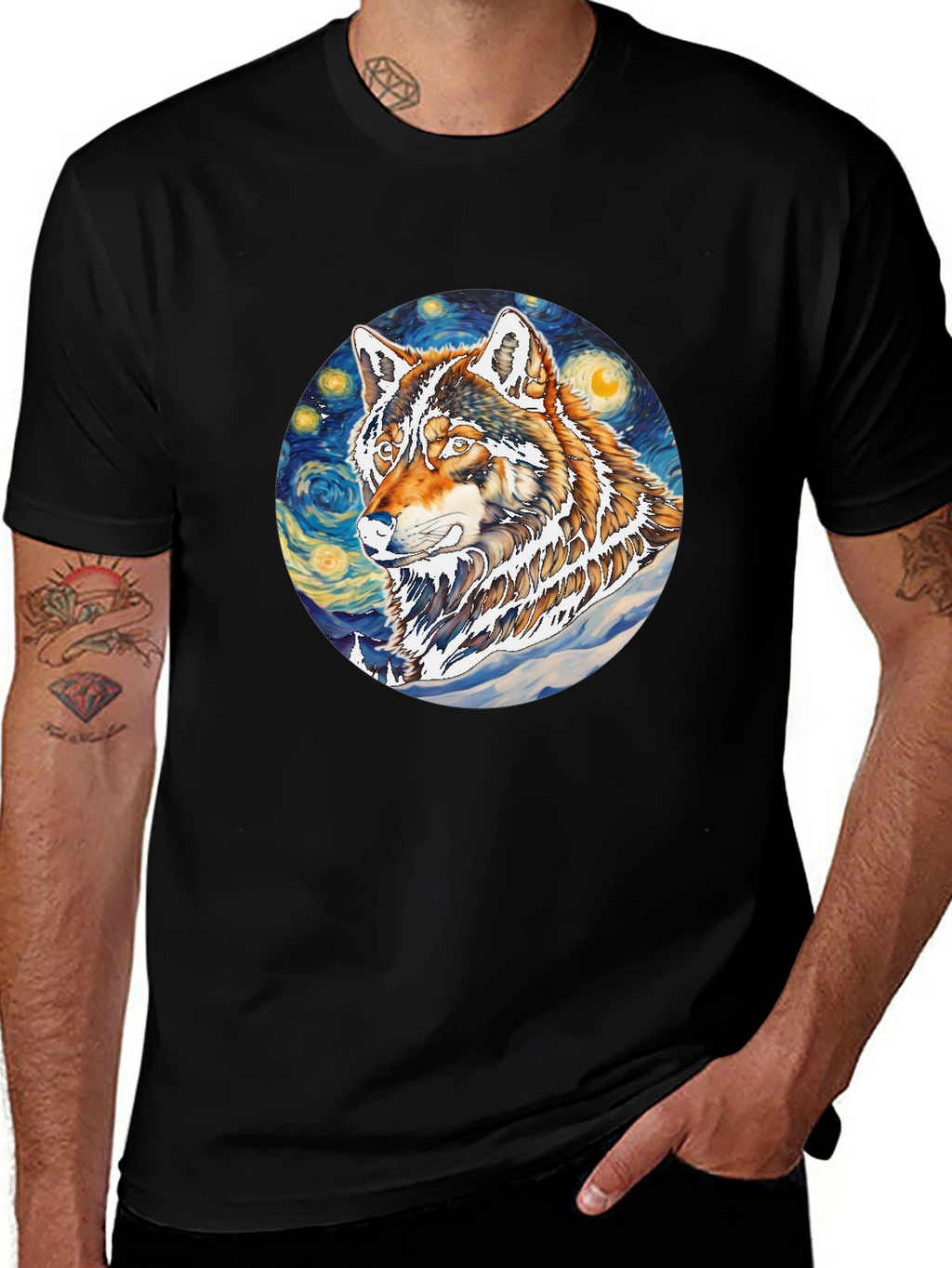 Wolf Starry Night Graphic Tee - Artistic Black T-Shirt