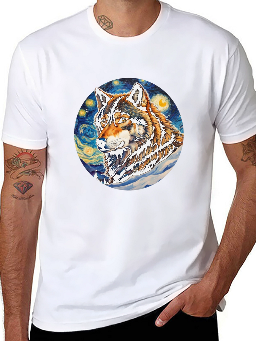 Wolf Starry Night Graphic Tee - Artistic Black T-Shirt