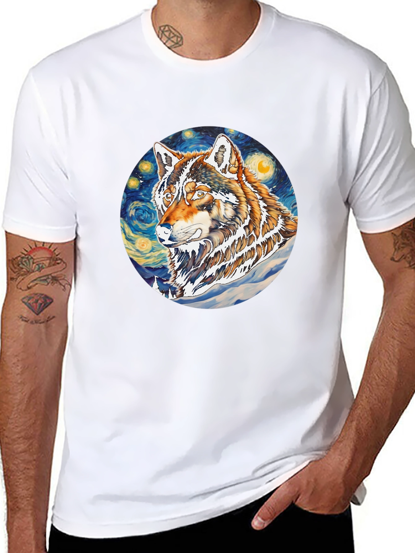 Wolf Starry Night Graphic Tee - Artistic Black T-Shirt