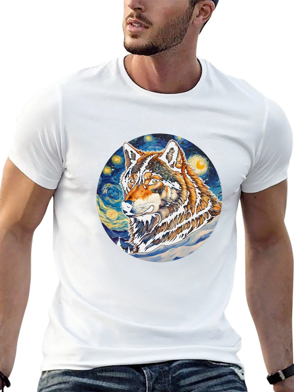 Wolf Starry Night Graphic Tee - Artistic Black T-Shirt