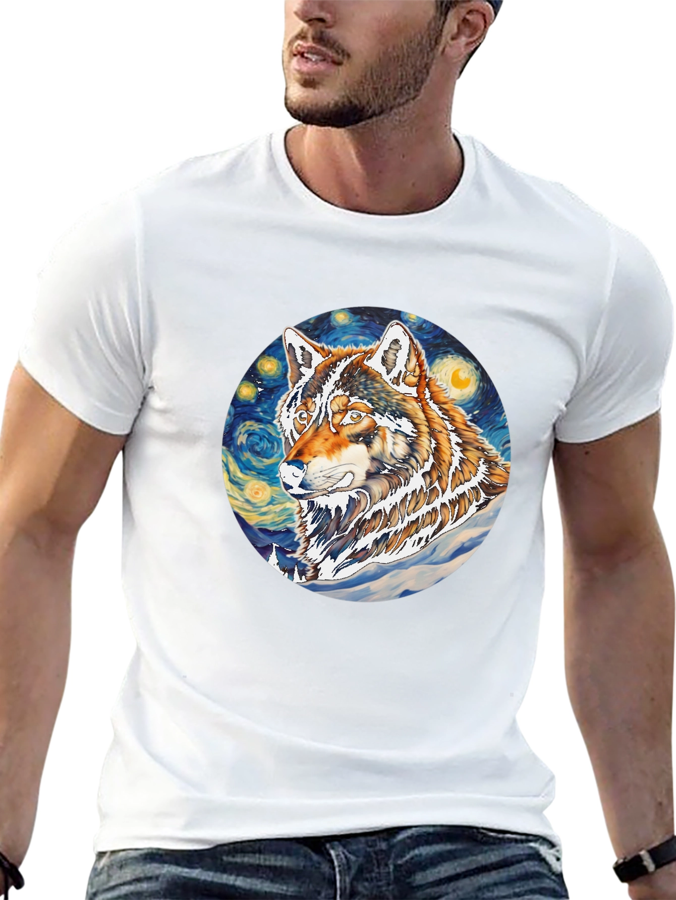 Wolf Starry Night Graphic Tee - Artistic Black T-Shirt