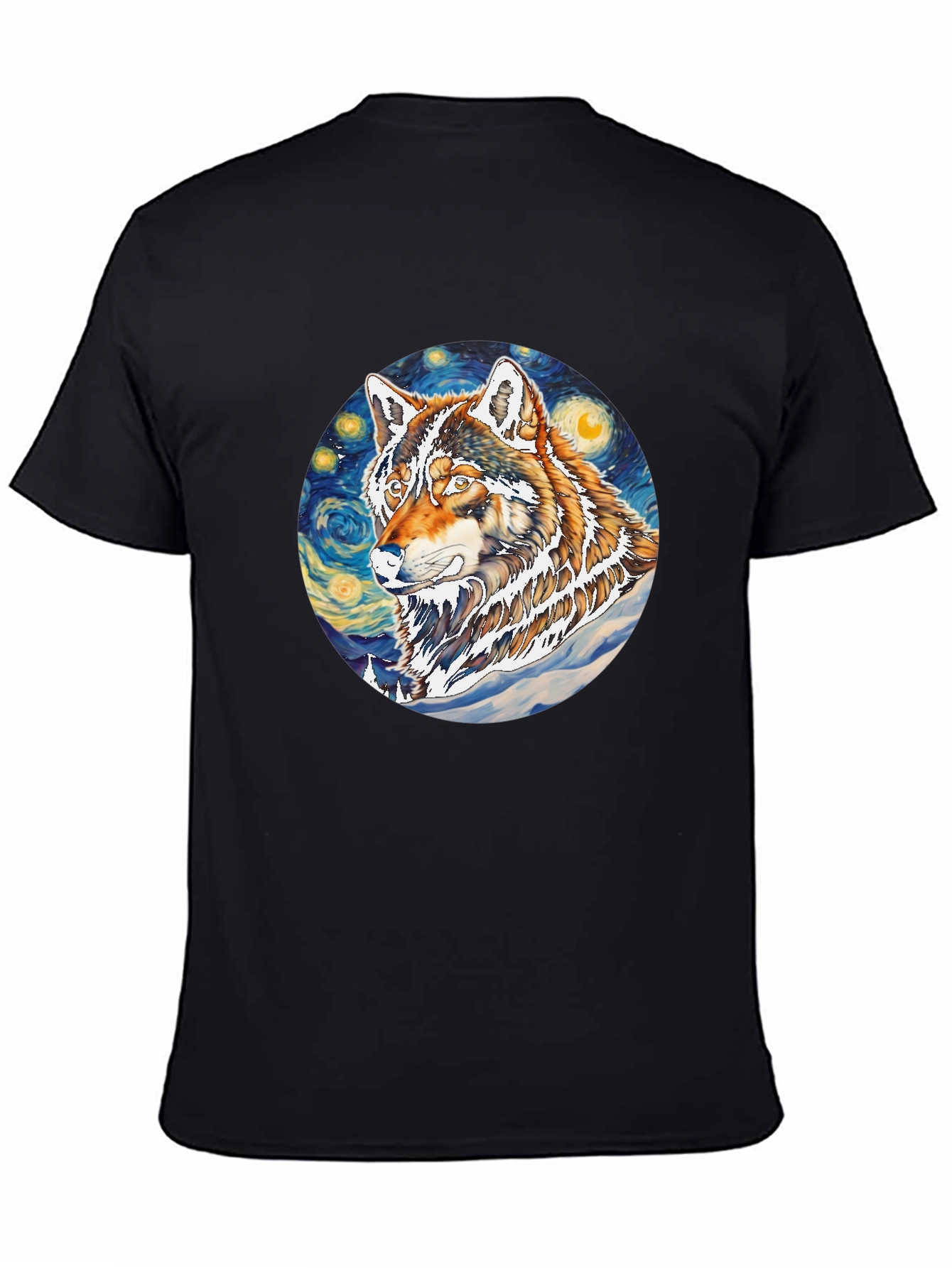 Wolf Starry Night Graphic Tee - Artistic Black T-Shirt