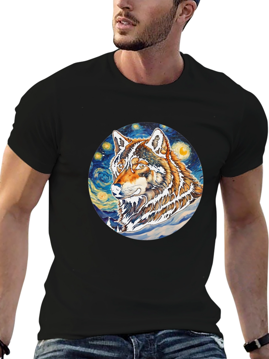 Wolf Starry Night Graphic Tee - Artistic Black T-Shirt