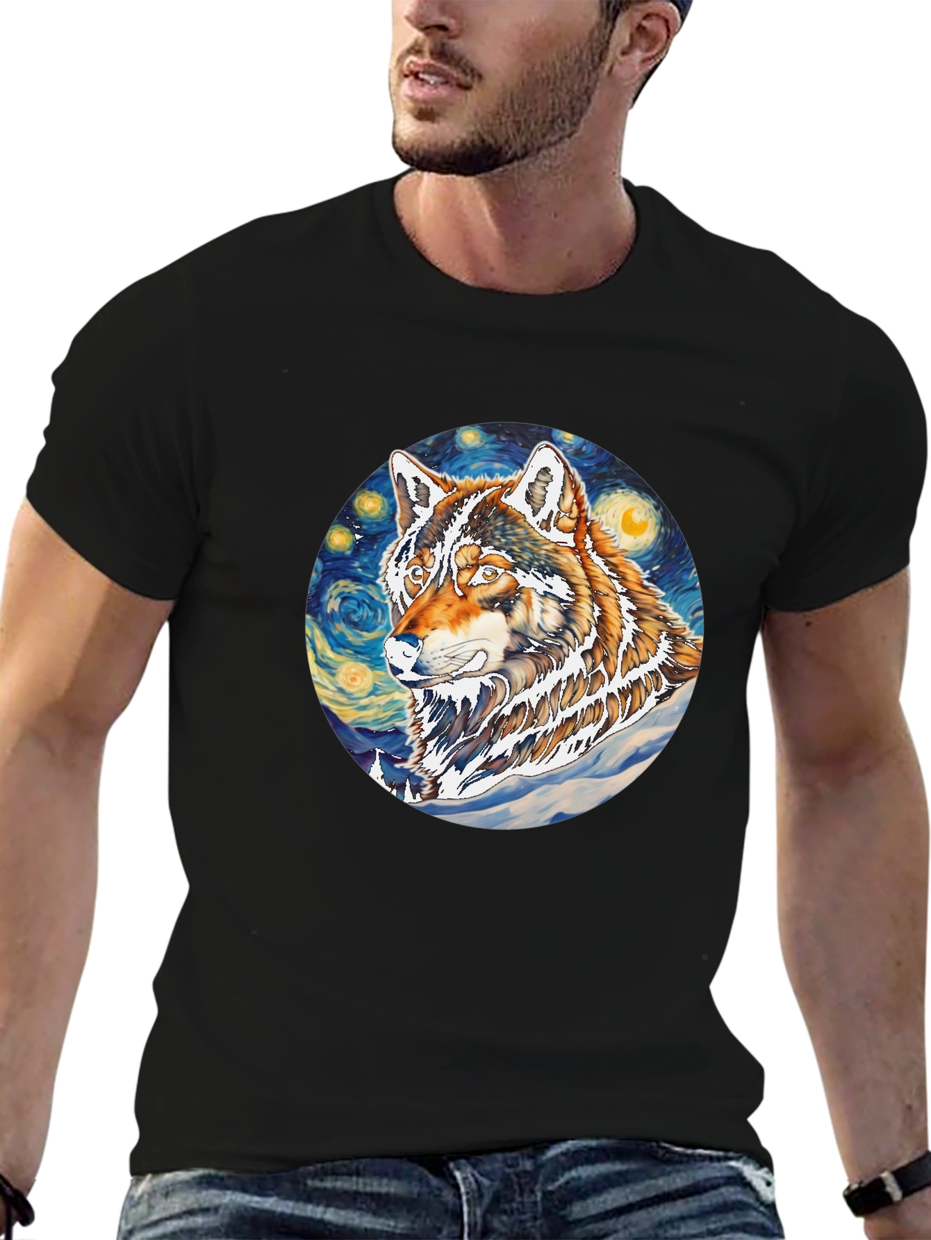 Wolf Starry Night Graphic Tee - Artistic Black T-Shirt