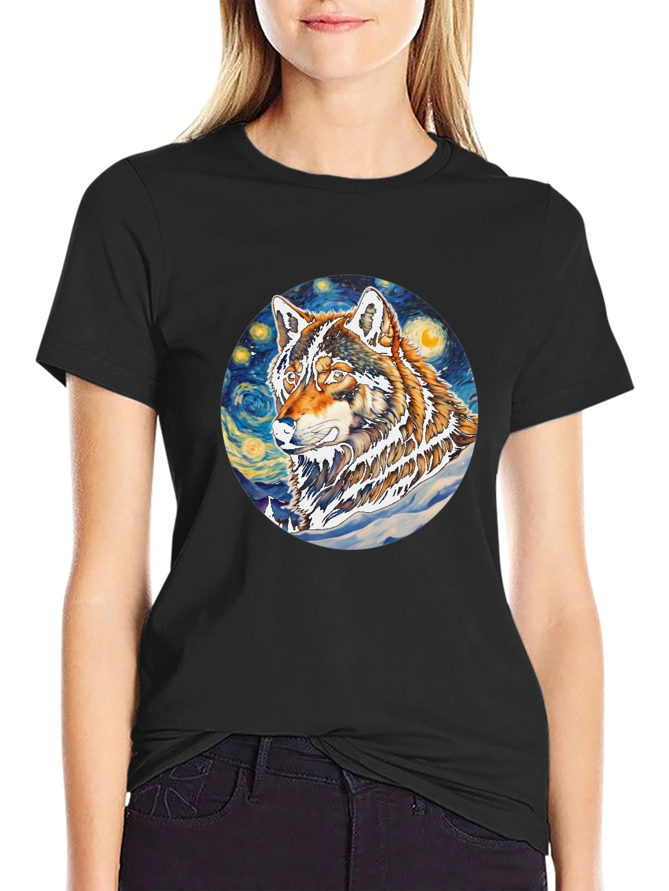 Wolf Starry Night Graphic Tee - Artistic Black T-Shirt