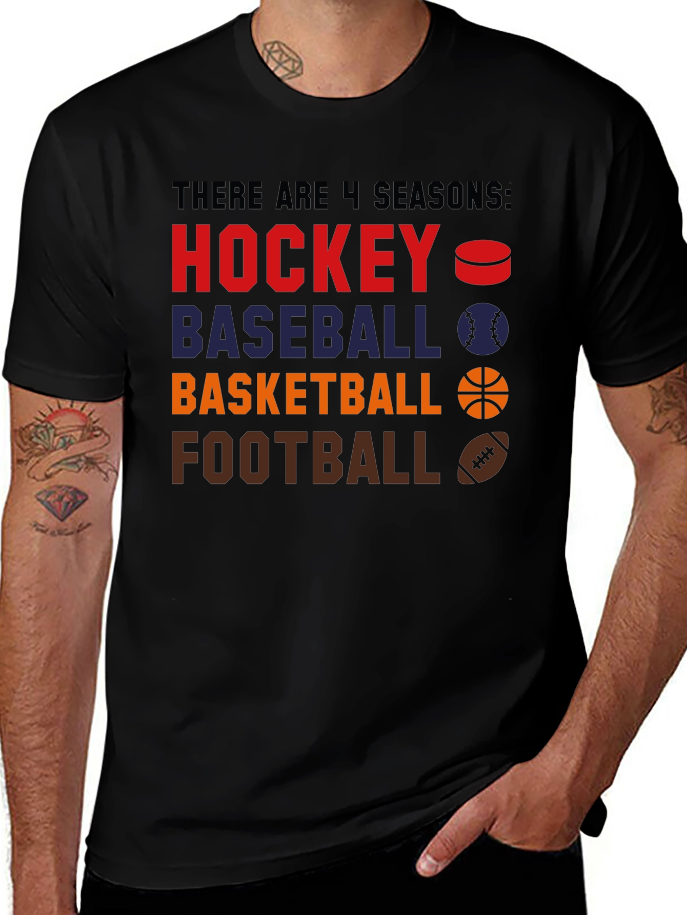 4 Seasons Sports Graphic Tee - Hockey Baseball Basketball Football