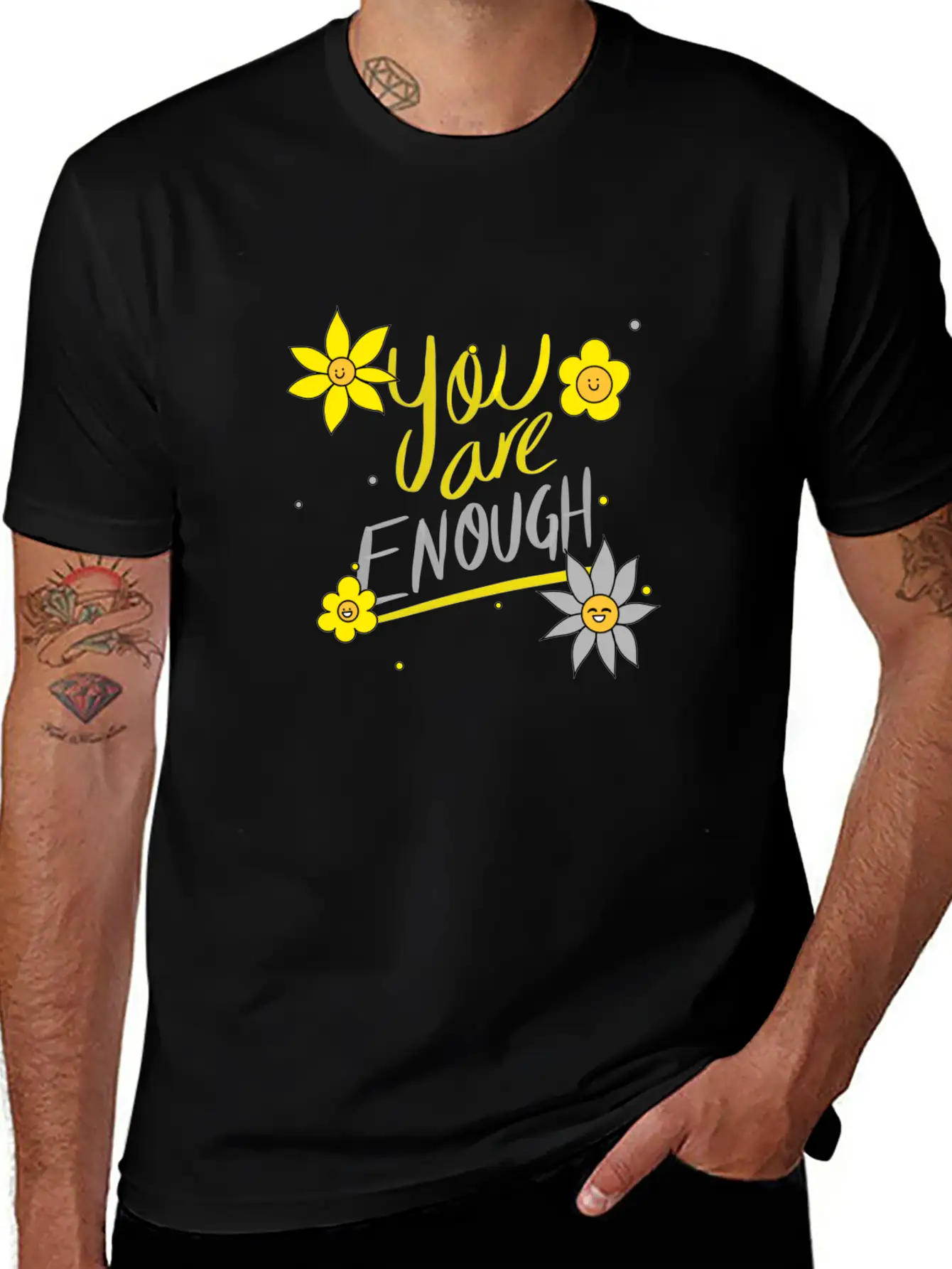 Yellow And Grey Daisies Breathable Graphic T-Shirt – Perfect For Casual Days