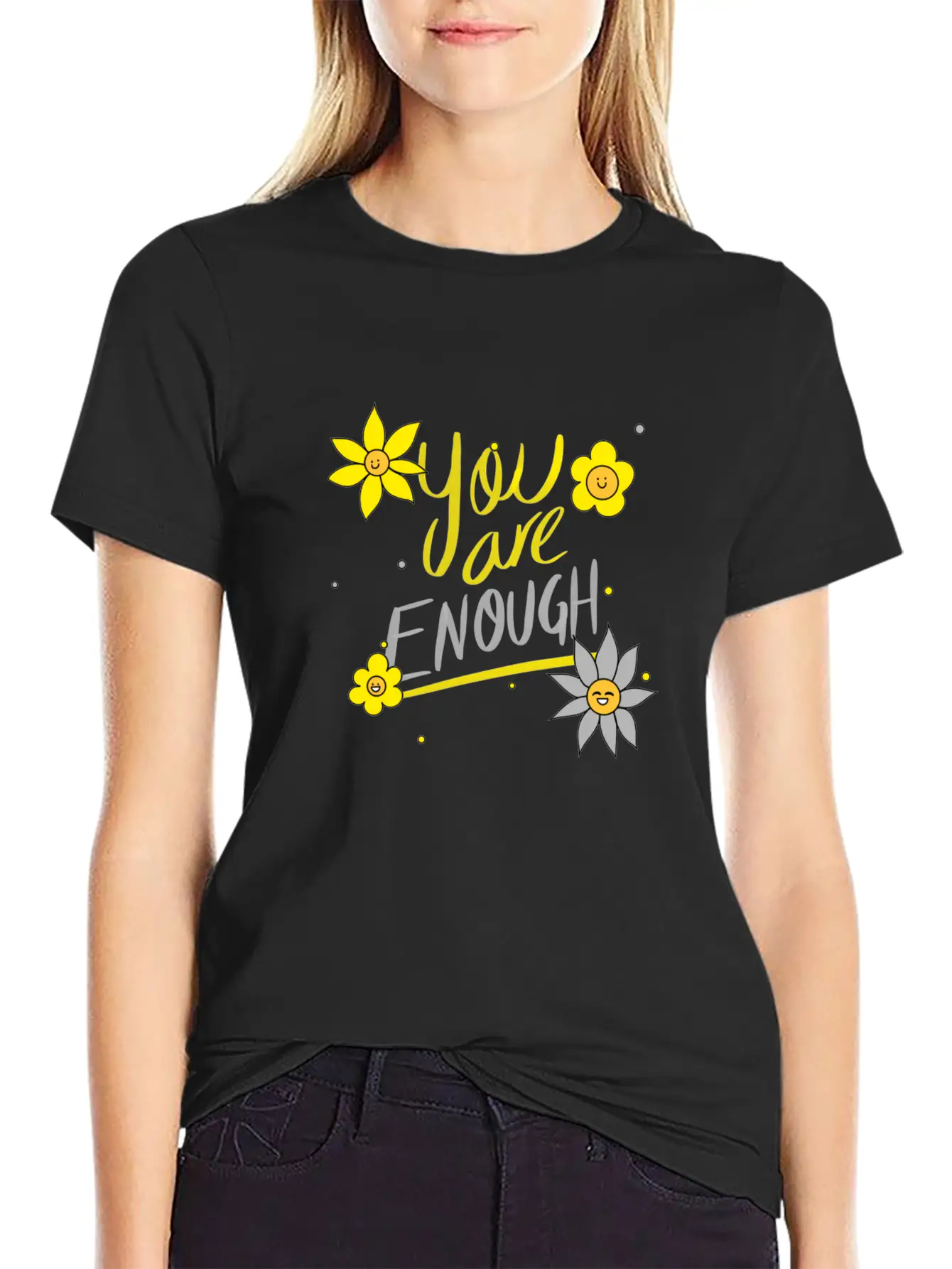 Yellow And Grey Daisies Breathable Graphic T-Shirt – Perfect For Casual Days
