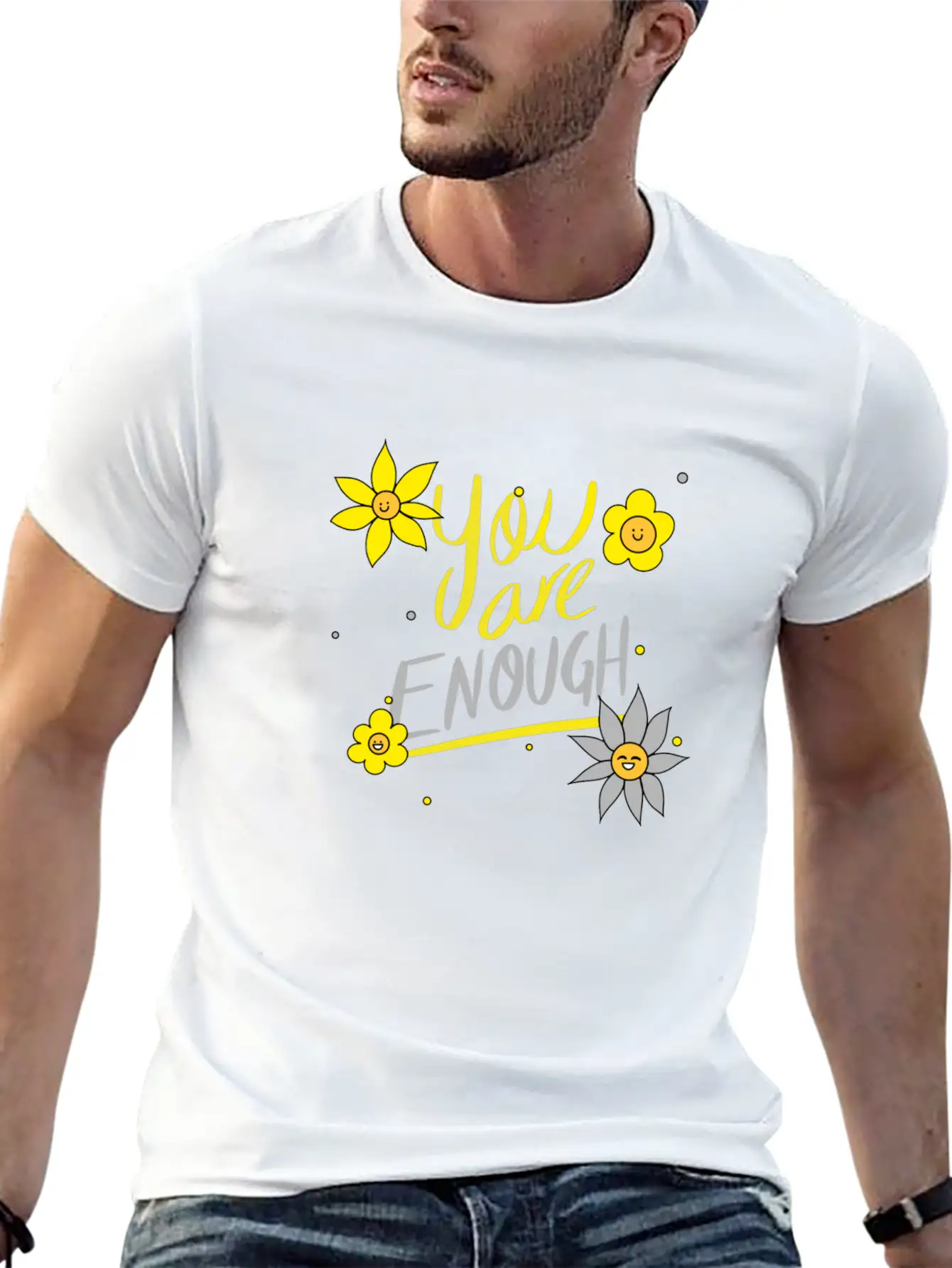 Yellow And Grey Daisies Breathable Graphic T-Shirt – Perfect For Casual Days