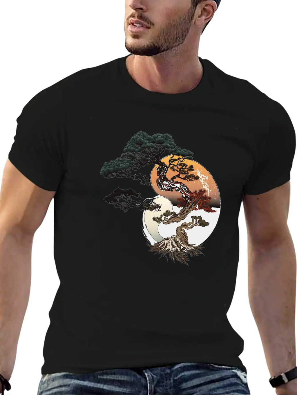 Yin And Yang Bonsai Tree Breathable Graphic T-Shirt – Perfect For Casual Days