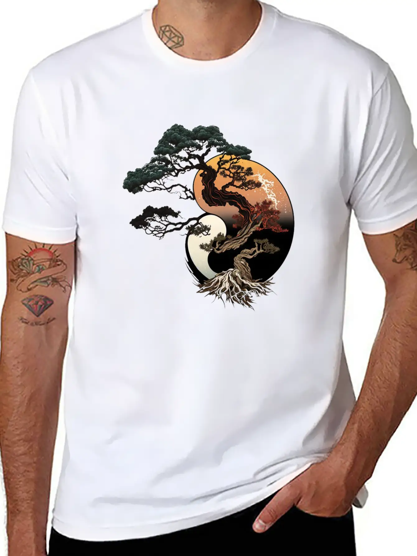 Yin And Yang Bonsai Tree Breathable Graphic T-Shirt – Perfect For Casual Days