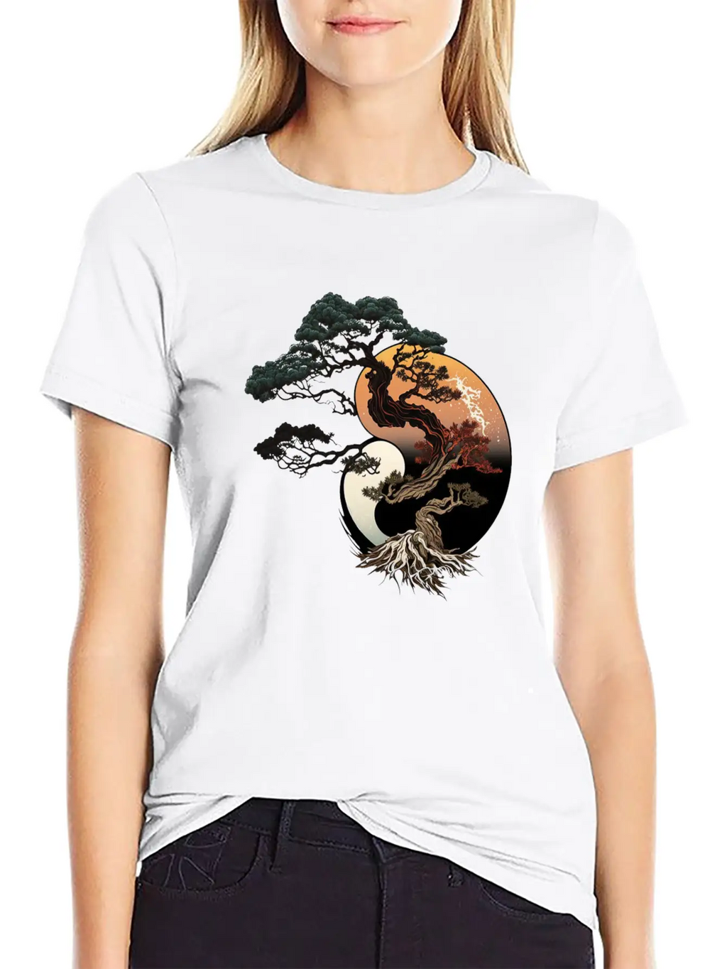 Yin And Yang Bonsai Tree Breathable Graphic T-Shirt – Perfect For Casual Days