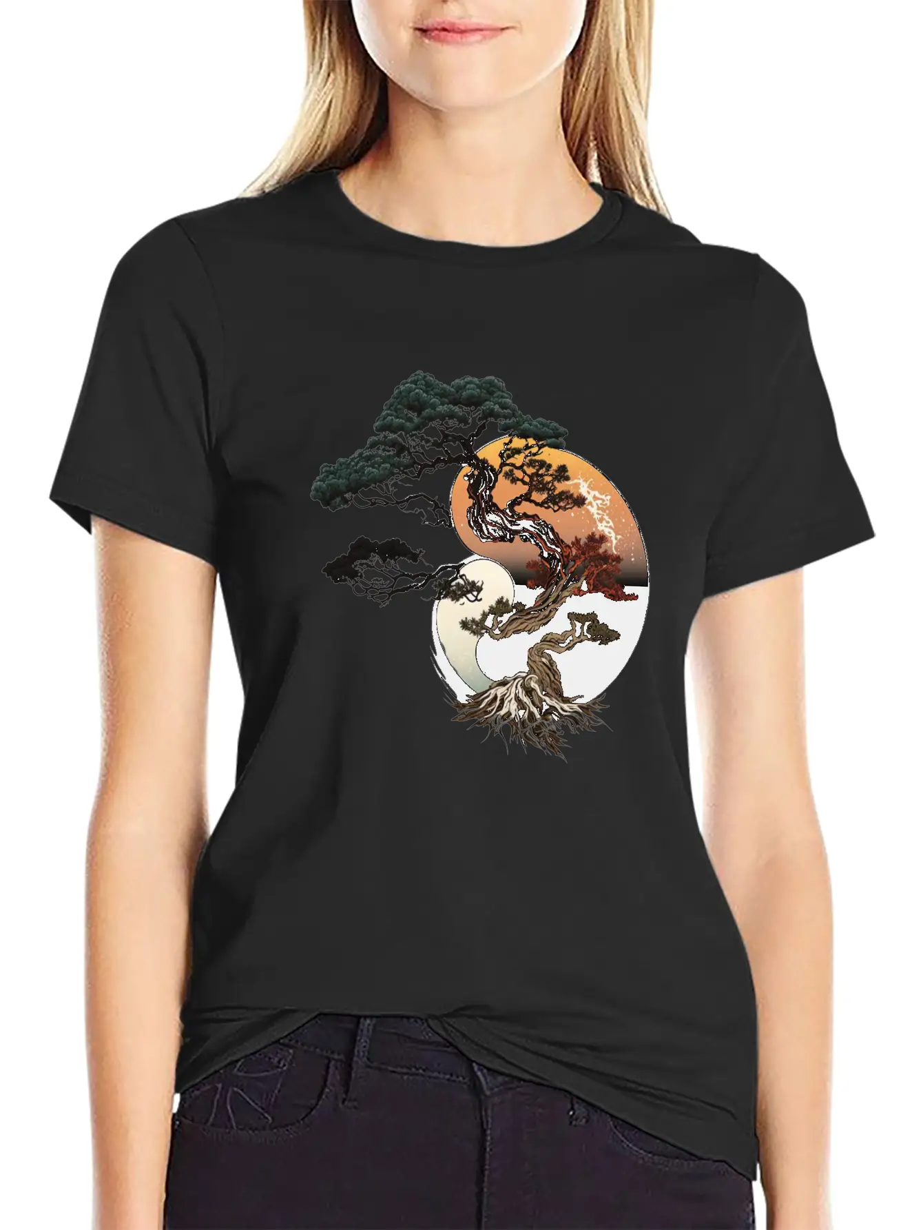 Yin And Yang Bonsai Tree Breathable Graphic T-Shirt – Perfect For Casual Days