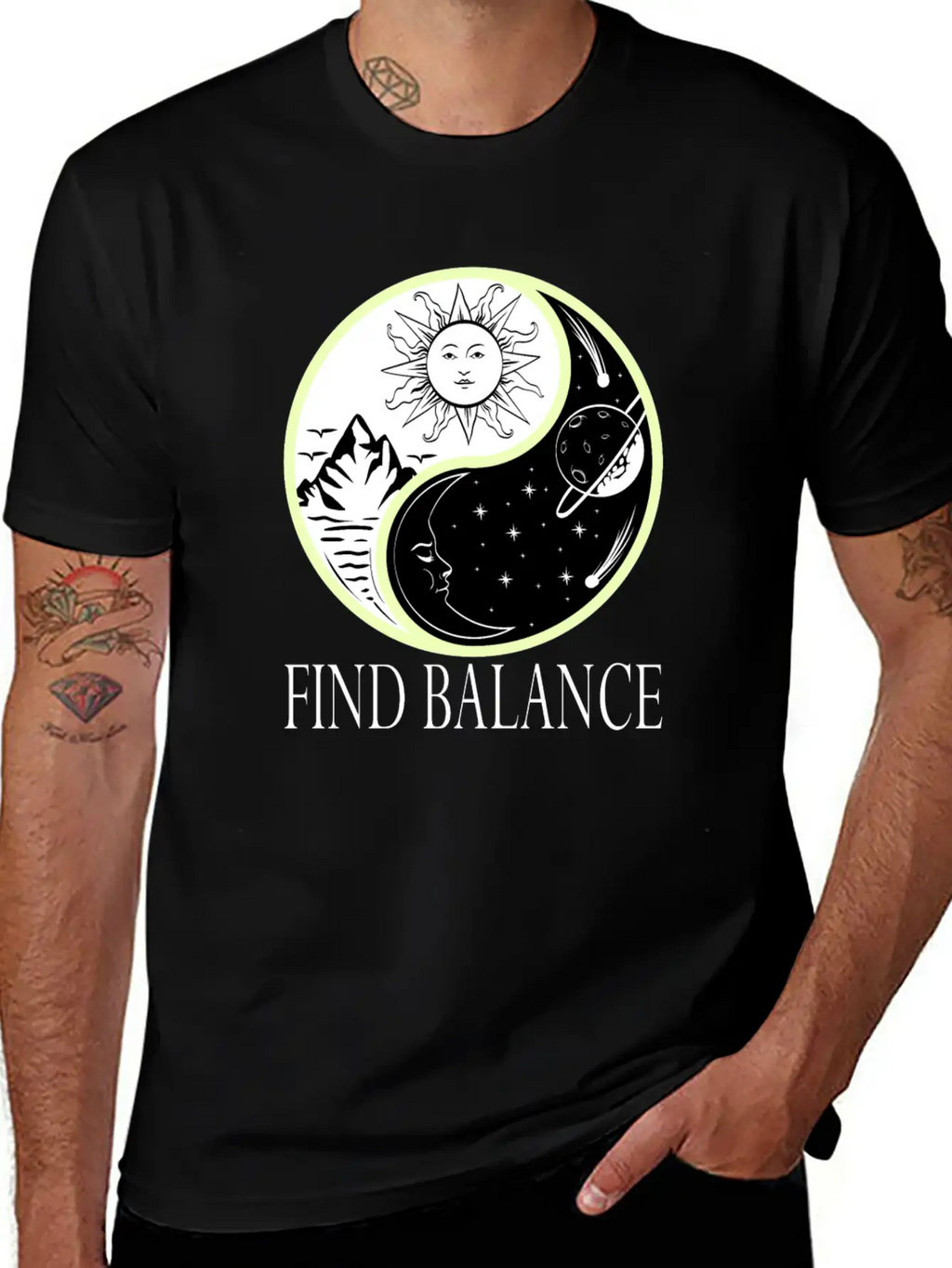 Yin & Yang "Find Balance" Tshirt Design Sun Timeless Short Sleeve Tee – Comfy And Minimalist Design