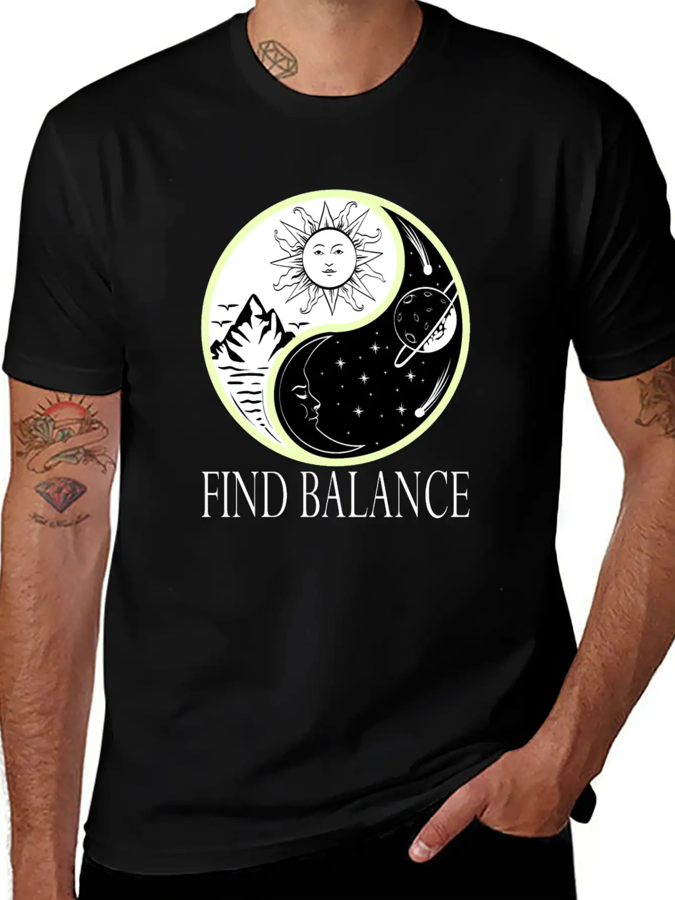 Yin & Yang "Find Balance" Tshirt Design Sun Timeless Short Sleeve Tee – Comfy And Minimalist Design