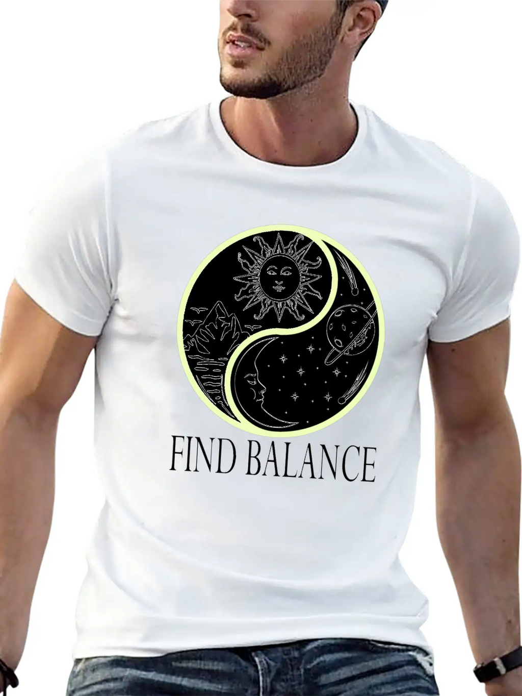 Yin & Yang "Find Balance" Tshirt Design Sun Timeless Short Sleeve Tee – Comfy And Minimalist Design