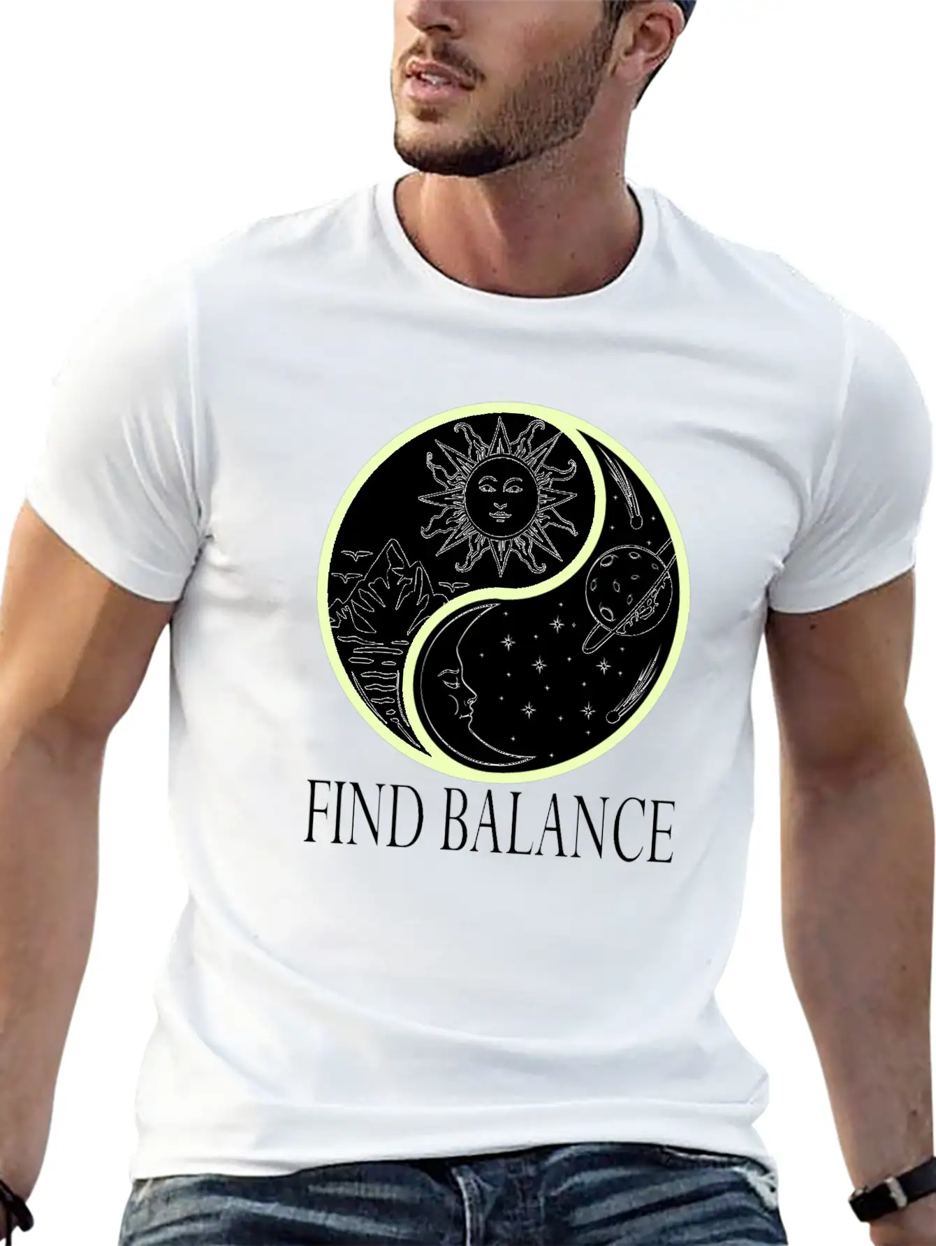 Yin & Yang "Find Balance" Tshirt Design Sun Timeless Short Sleeve Tee – Comfy And Minimalist Design